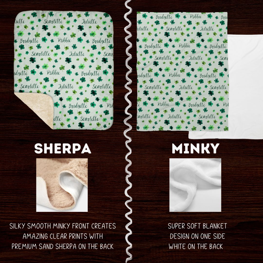 Lucky Clovers: Personalized St. Patrick's Day Irish Blanket with Family Name or Member Names - Cozy Minky & Snuggly Sherpa Options - Twinklette