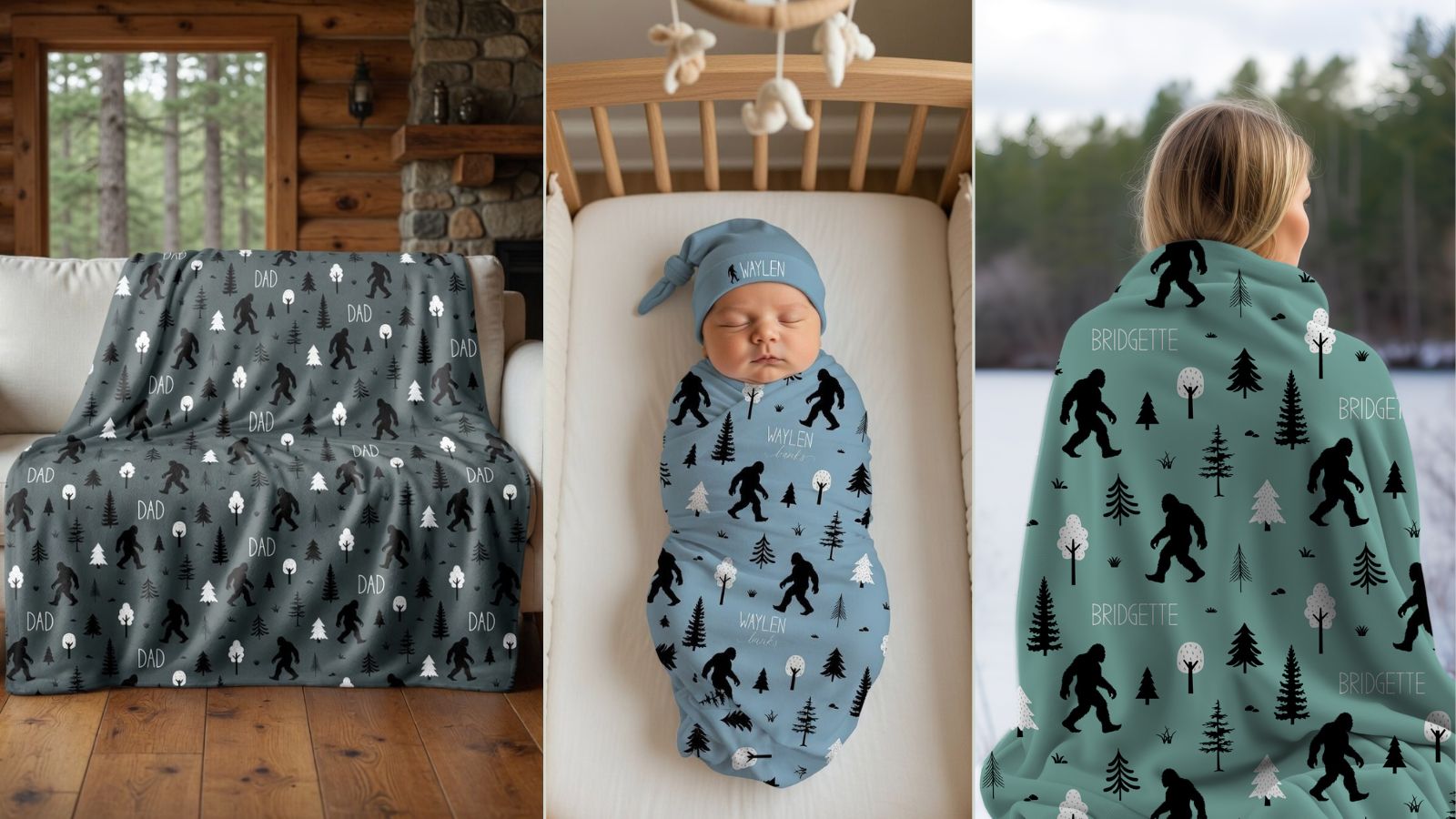 Personalized Bigfoot mascot blanket collection - cabin throw, baby swaddle, and kids blanket