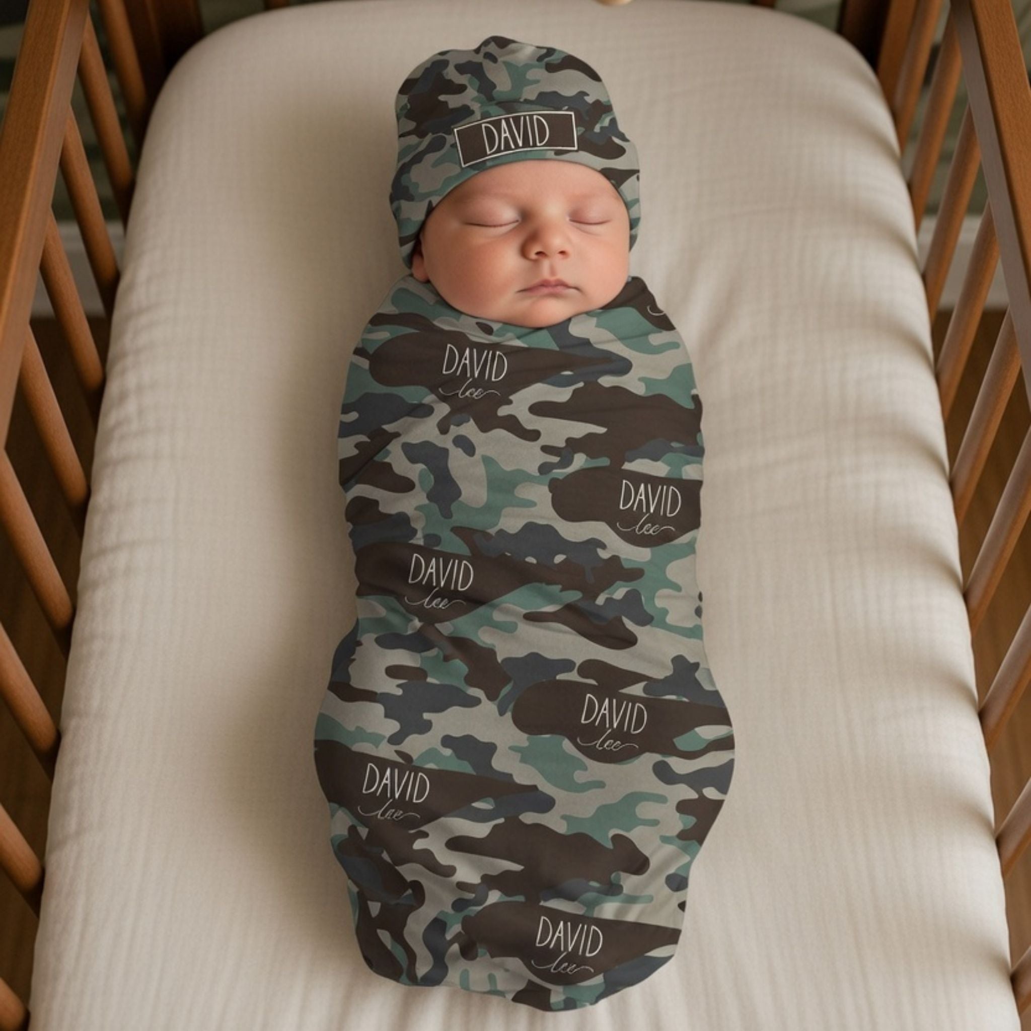 Personalized Duck Camo Swaddle & Hat Set on Newborn Baby