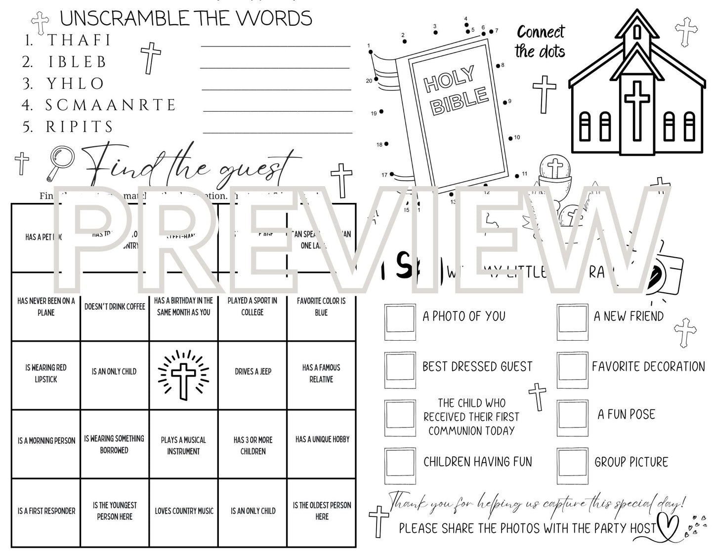 First Holy Communion Coloring Placemat - Fun Activities for All Ages - 2-Sided Design Includes Word Search, Tic-Tac-Toe, and More!