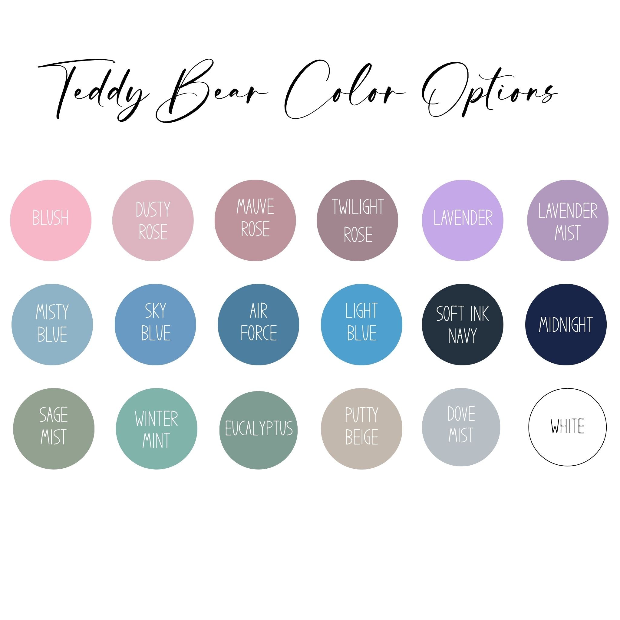 Teddy Bear Color Options including blush, dusty rose, lavender, sky blue, and more for Personalized Teddy Bear Swaddle & Hat Set.