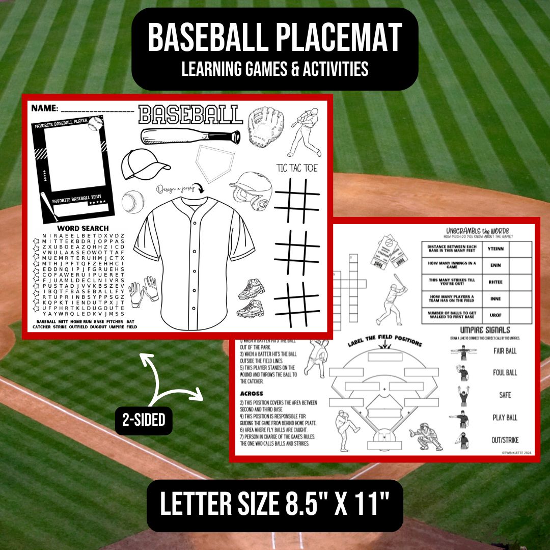 Baseball Coloring Activity Placemat: Learn Baseball - Twinklette™