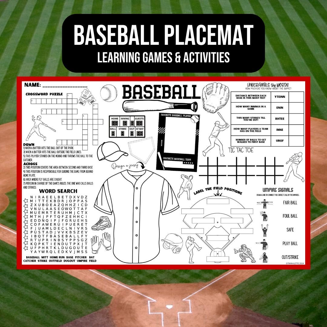 Baseball Coloring Activity Placemat: Learn Baseball - Twinklette™
