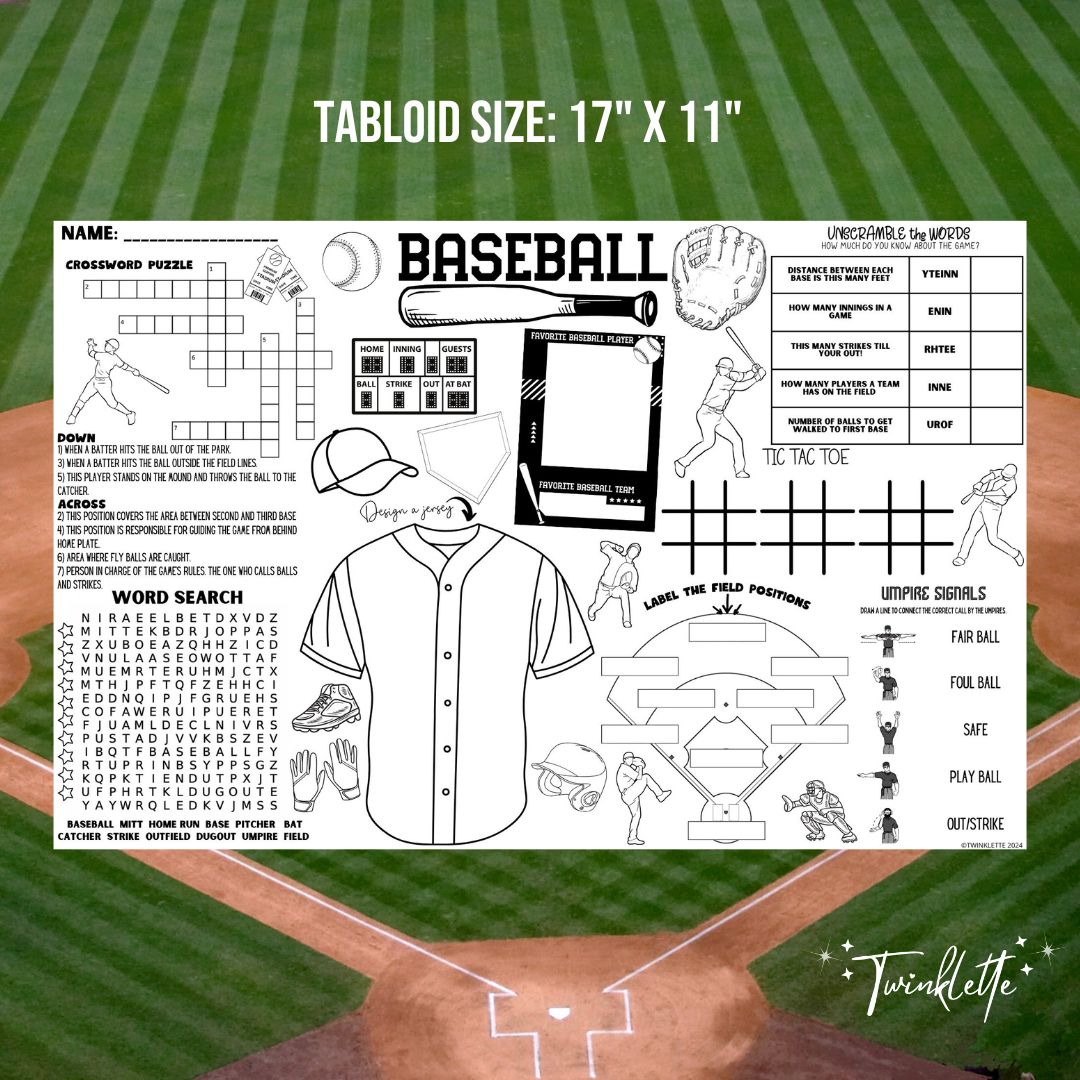 Baseball Coloring Activity Placemat: Learn Baseball - Twinklette™