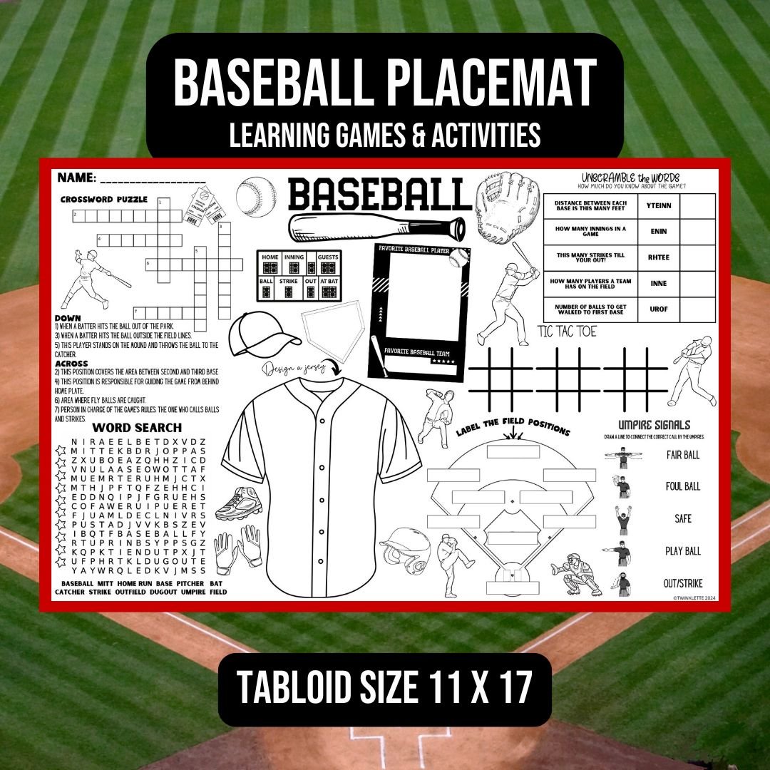 Baseball Coloring Activity Placemat: Learn Baseball - Twinklette™