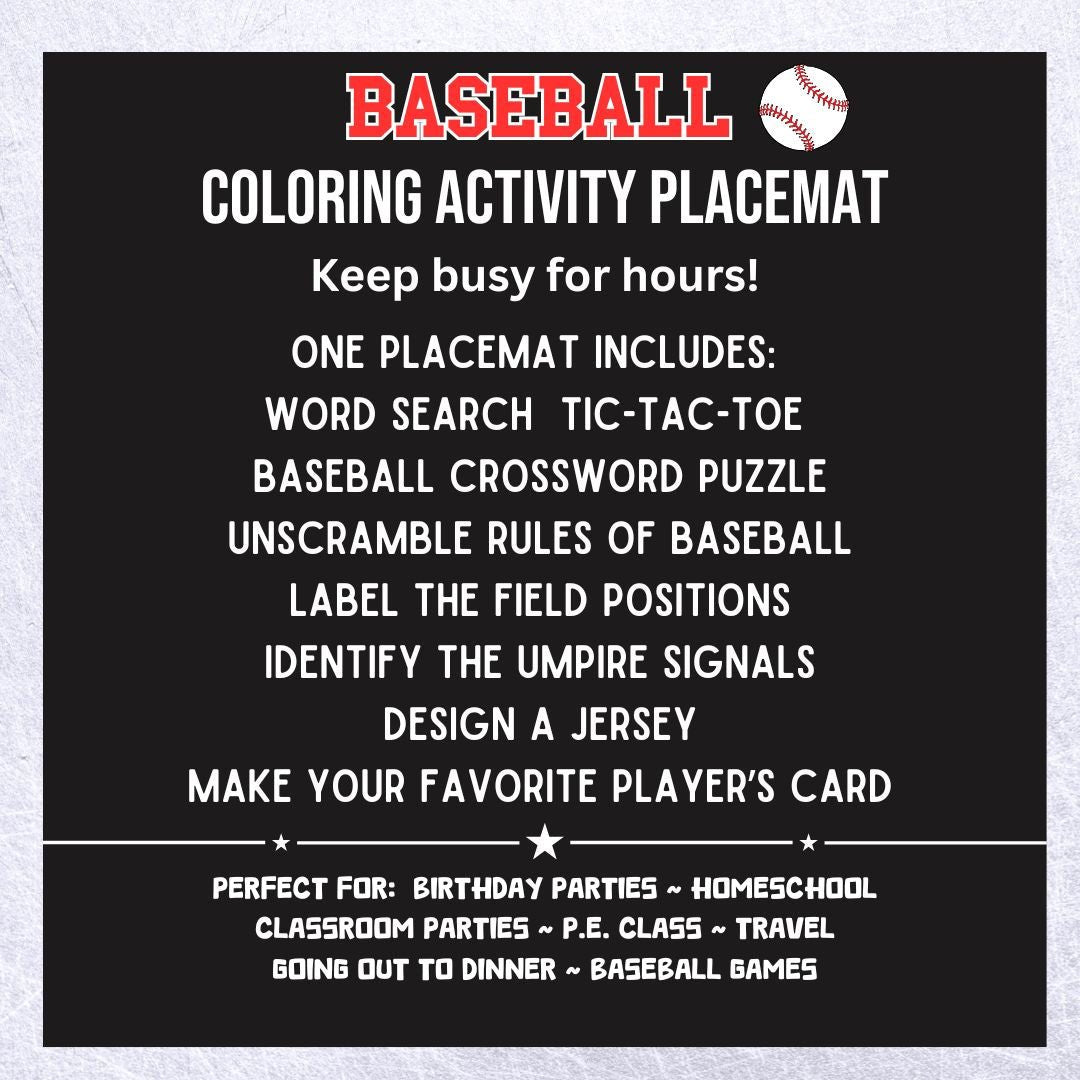 Baseball Coloring Activity Placemat: Learn Baseball - Twinklette™