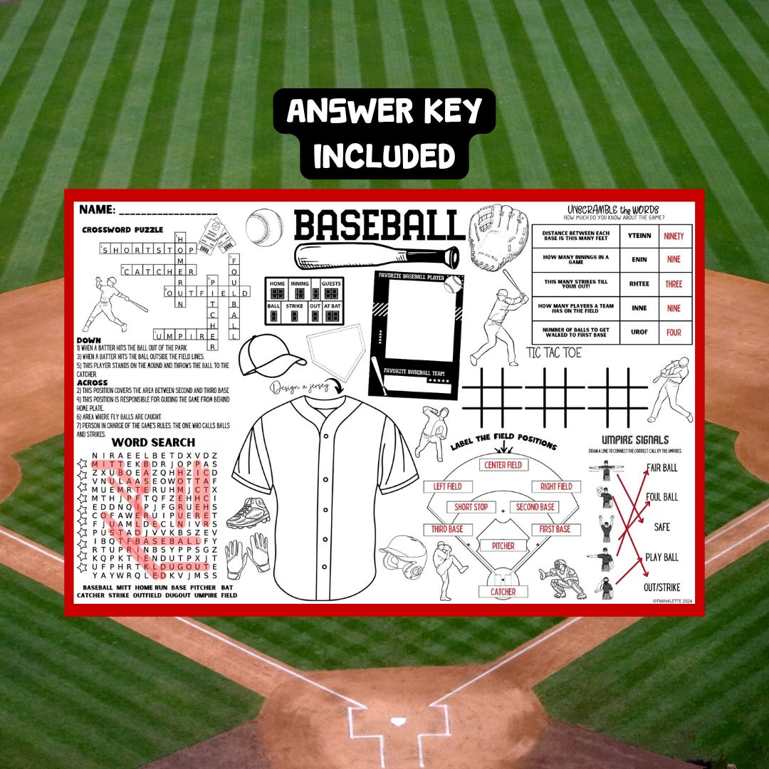 Baseball Coloring Activity Placemat: Learn Baseball - Twinklette™