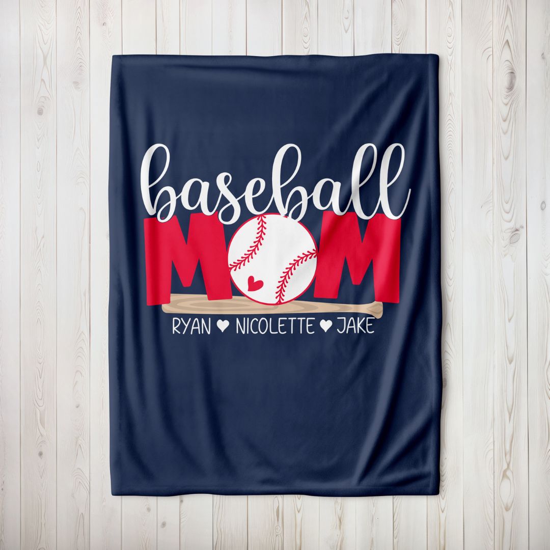 Personalized baseball mom blanket with children's names and custom team colors