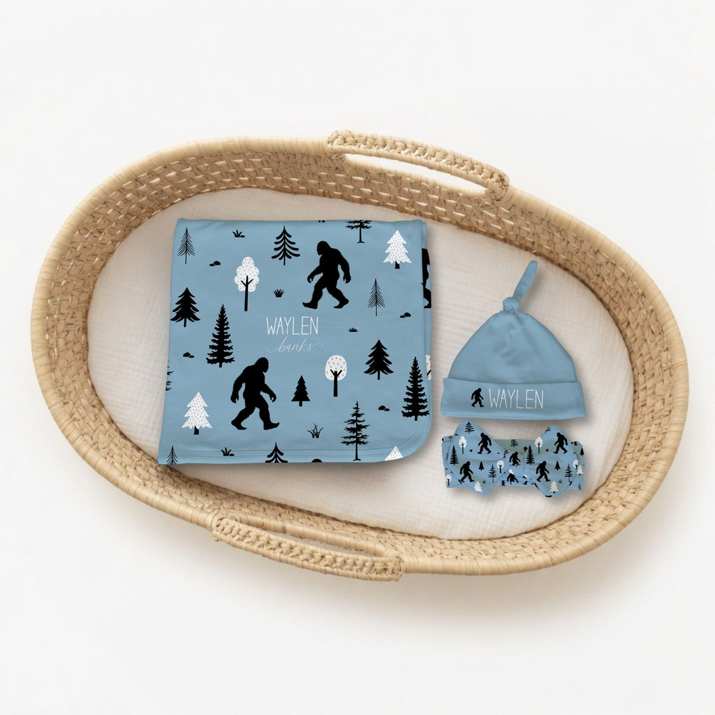 Personalized Bigfoot Swaddle & Hat Set. Sasquatch baby gift set.