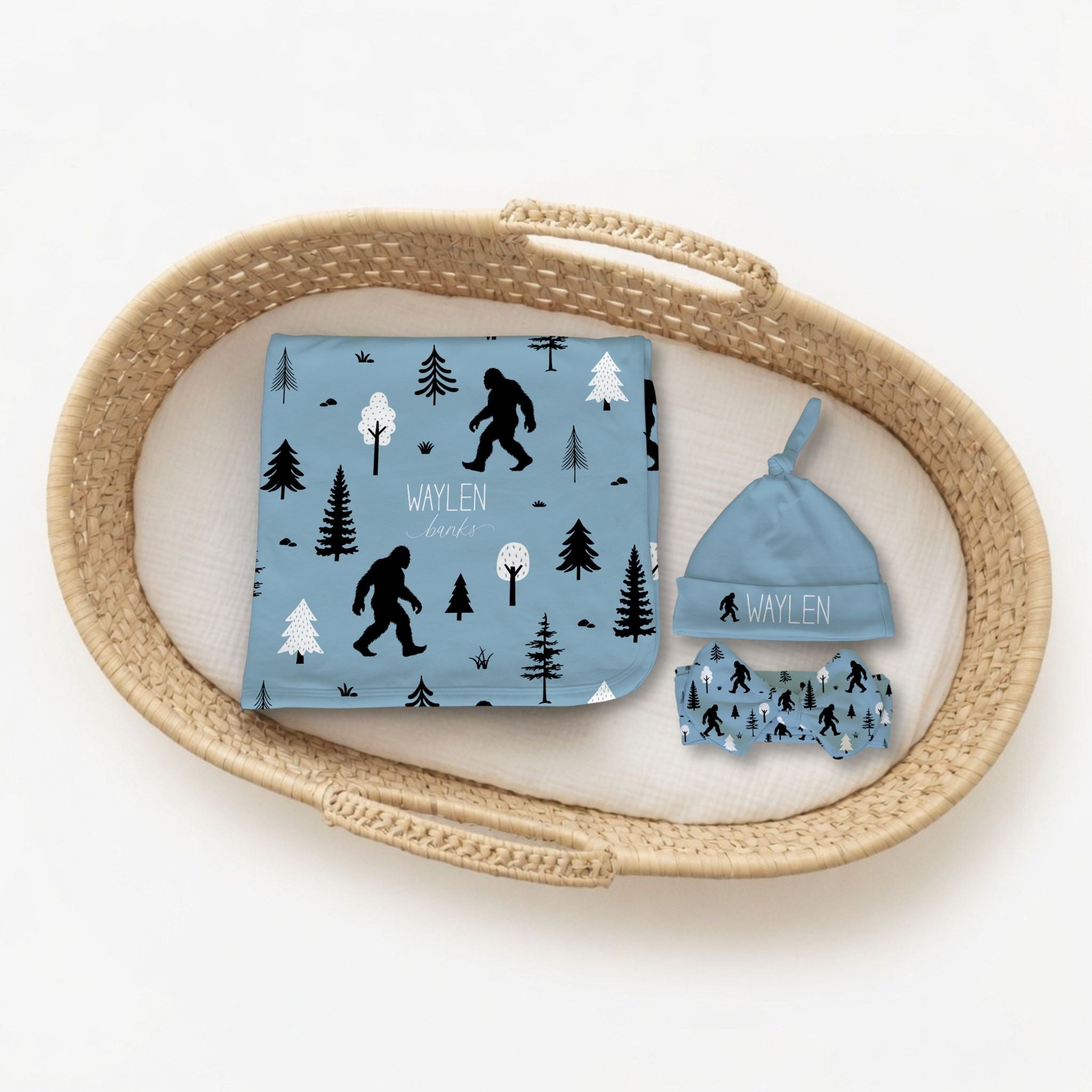 Personalized Bigfoot Swaddle & Hat Set. Sasquatch baby gift set.