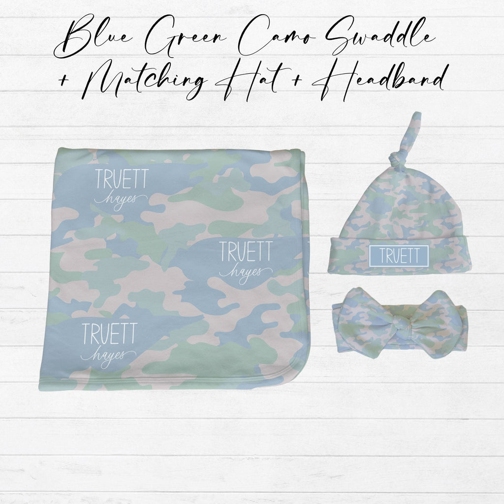 Personalized Blue Green Camo Baby Swaddle , Knotted Hat, and Bow Headband Set