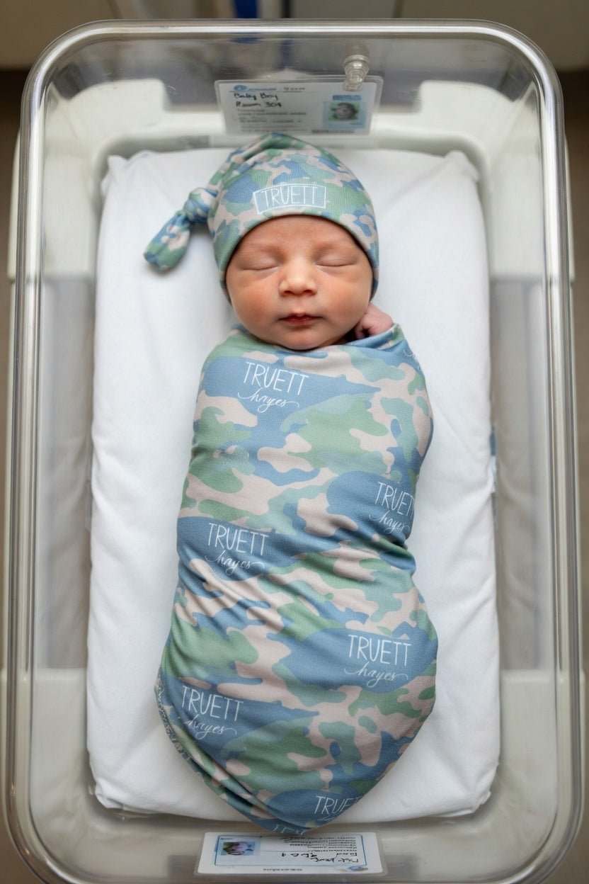 Personalized Blue Green Camo Swaddle and Hat