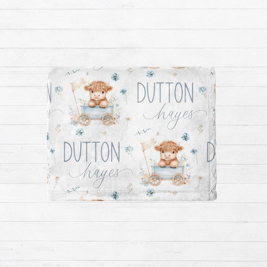 Personalized Blue Highland Cow Kids Blanket