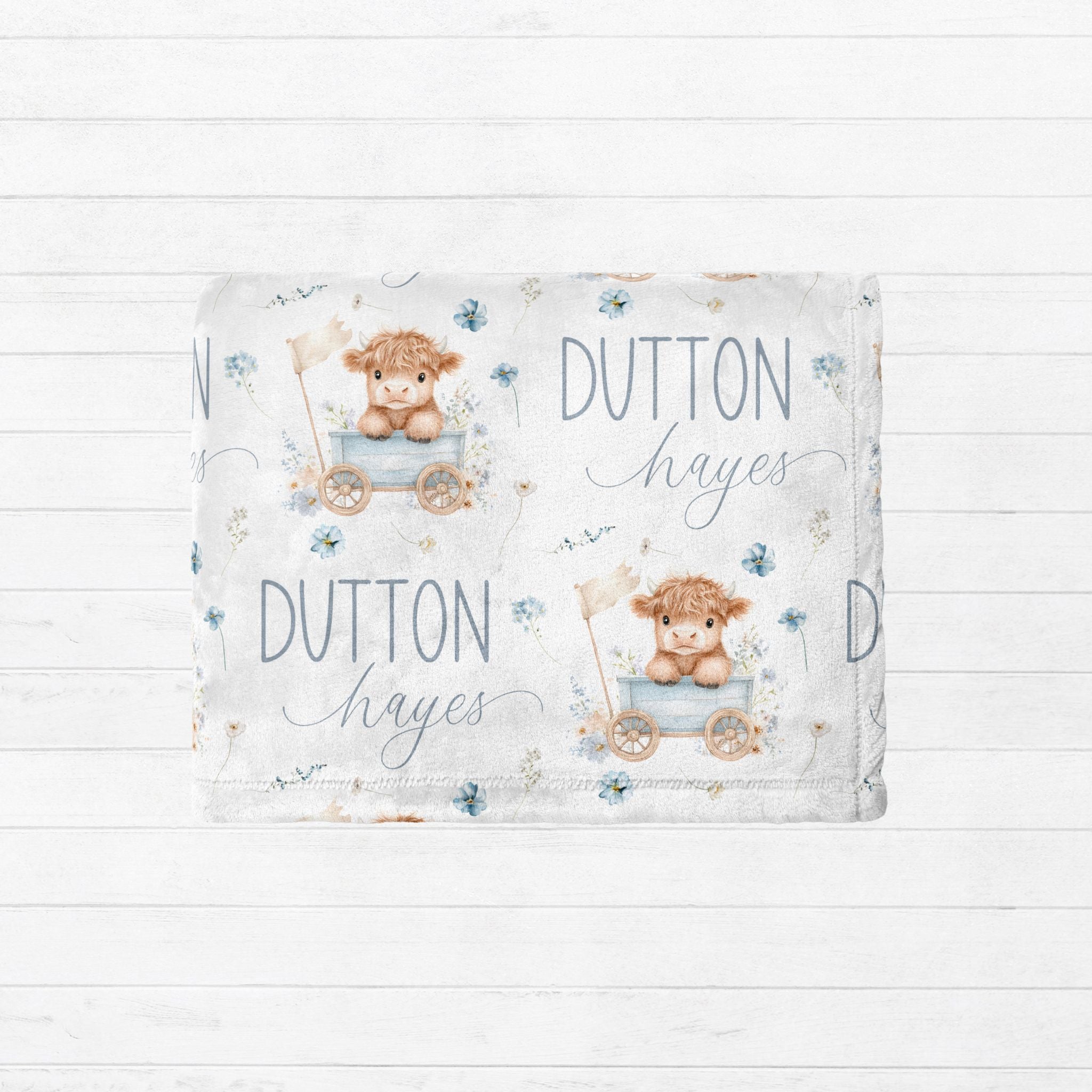 Personalized Blue Highland Cow Kids Blanket