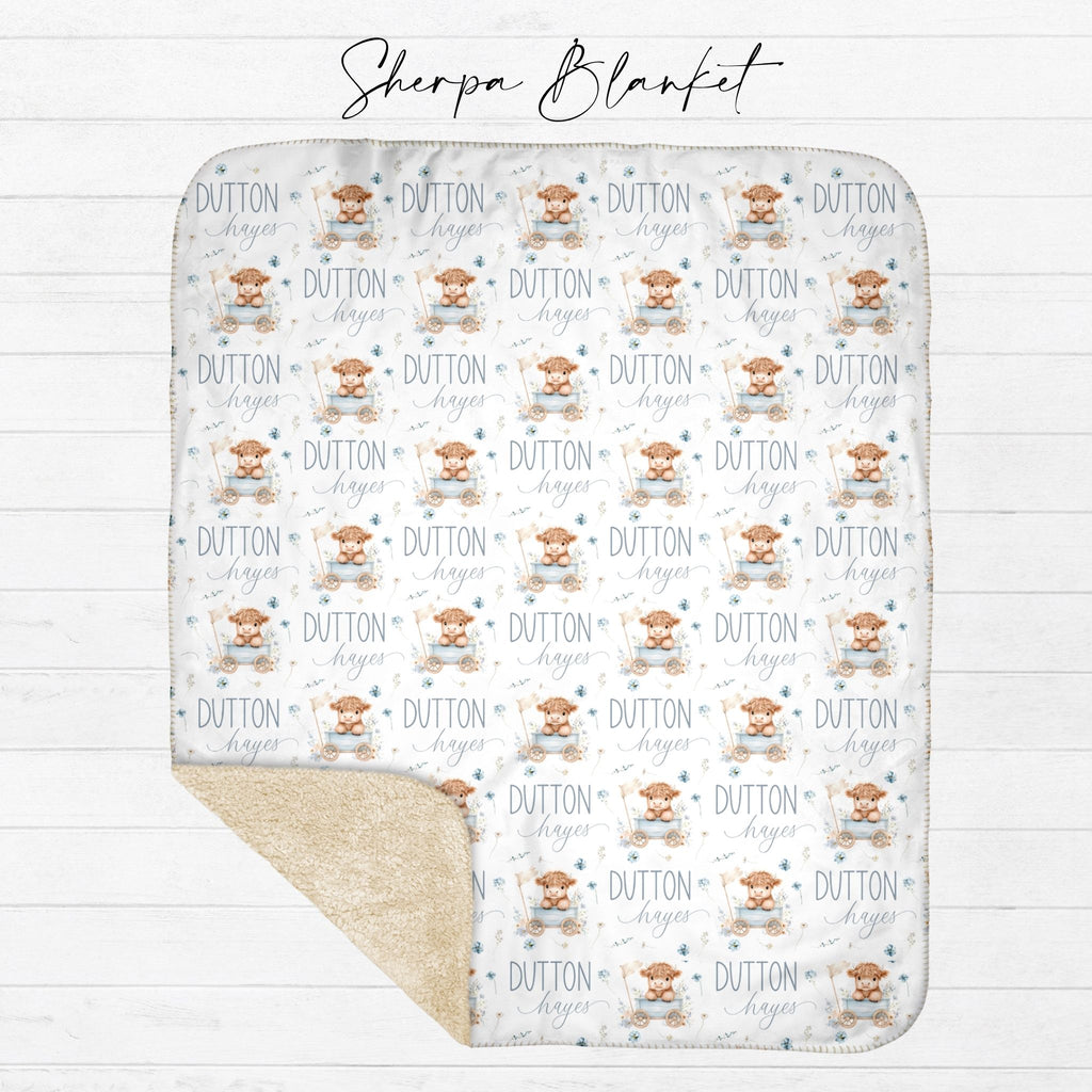 Personalized Blue Highland Cow Kids Blanket