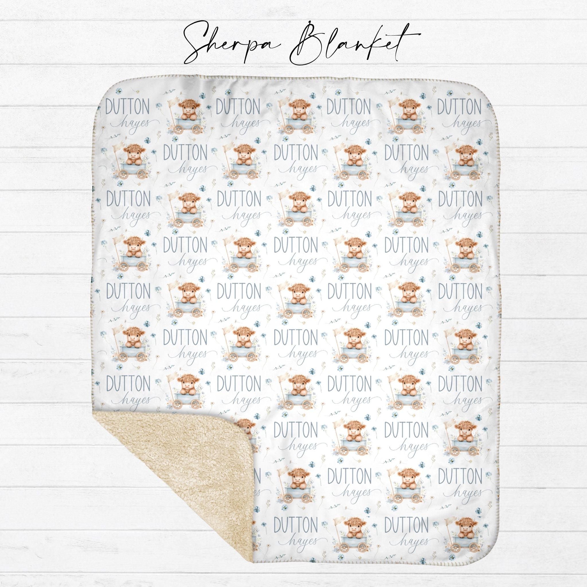Personalized Blue Highland Cow Kids Blanket