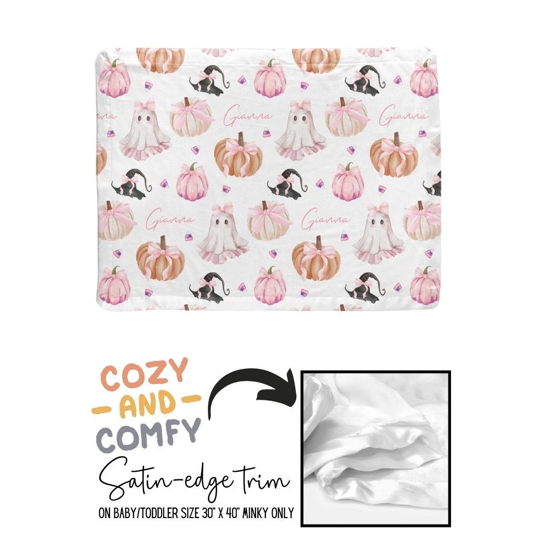 Coquette Bow Halloween Name Blanket - Little Girl Halloween Gift - Twinklette™