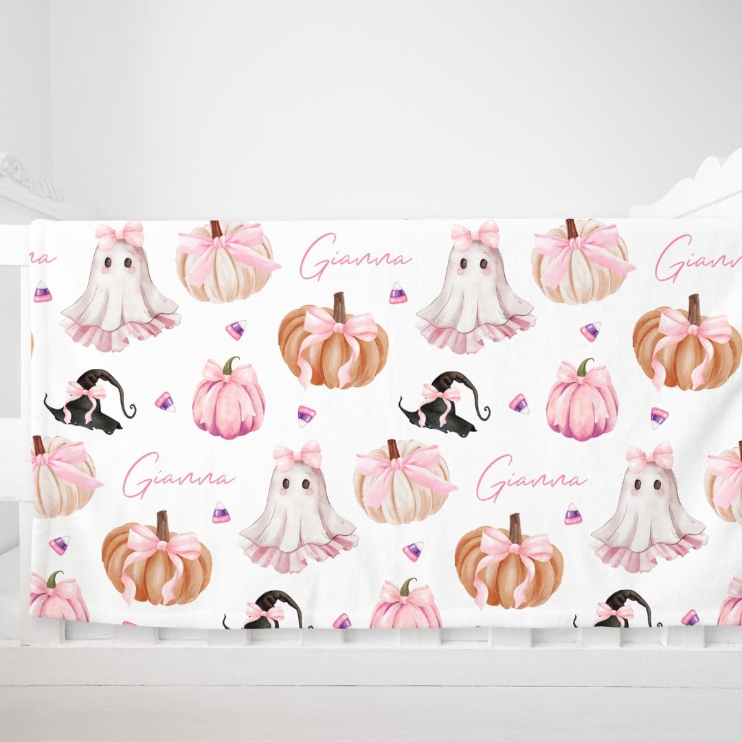 Coquette Bow Halloween Name Blanket - Little Girl Halloween Gift - Twinklette™