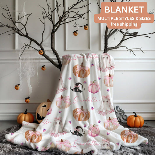 Coquette Bow Halloween Name Blanket - Little Girl Halloween Gift - Twinklette™