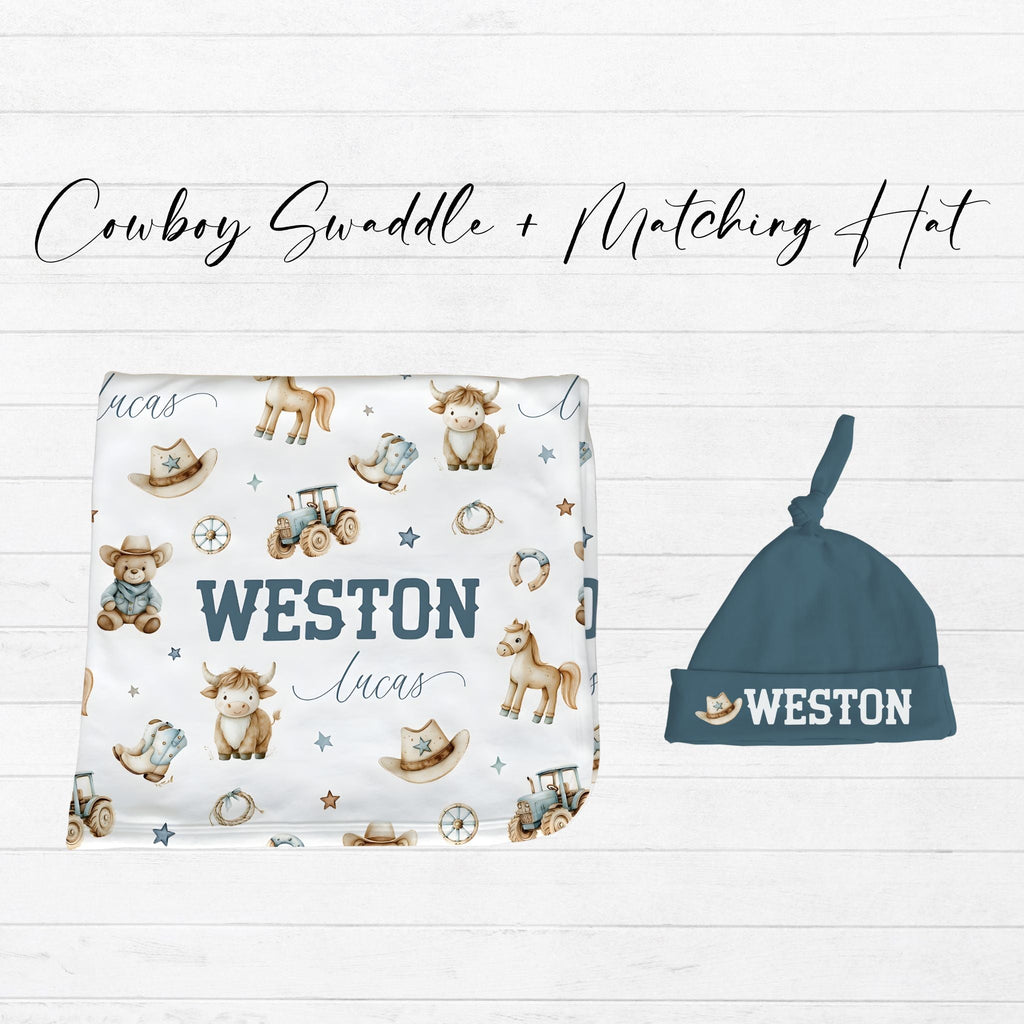 Personalized cowboy baby swaddle bundle with knotted hat, custom name western baby gift set for newborn