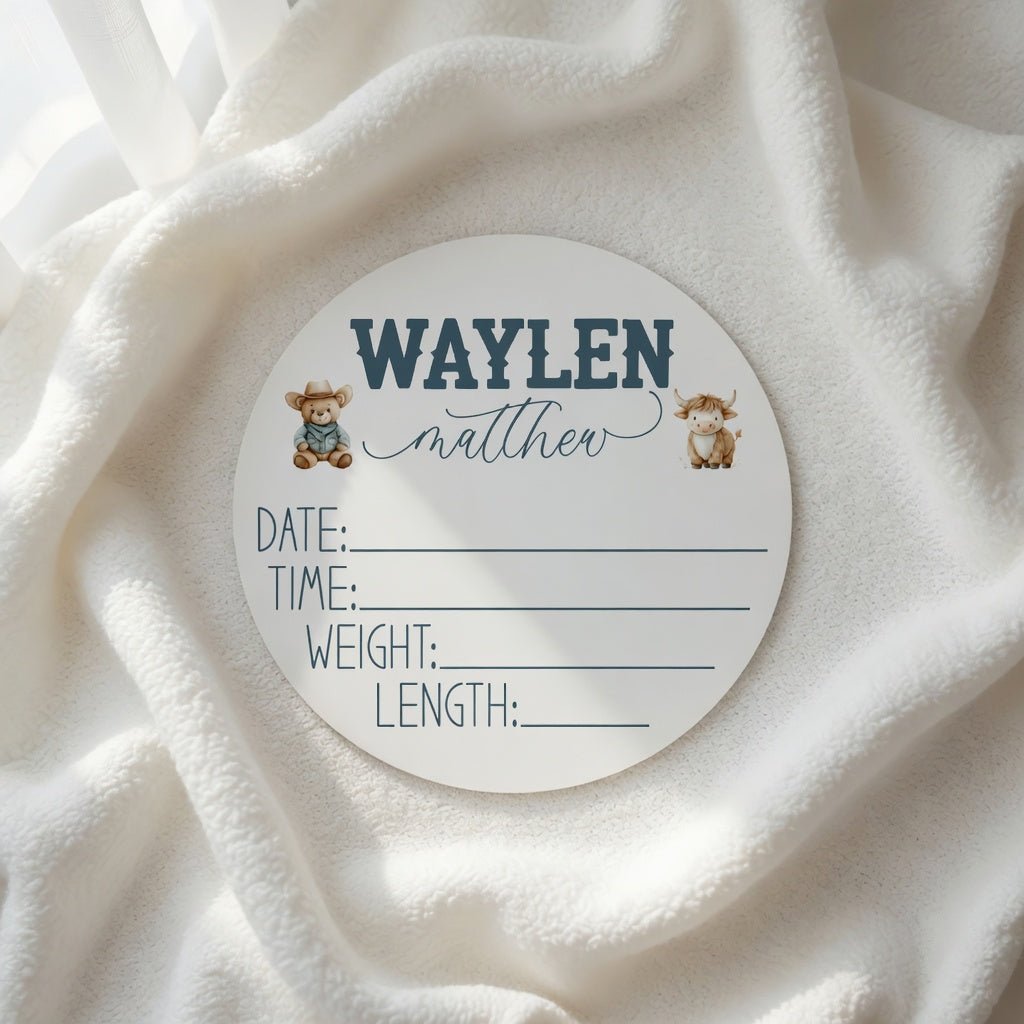 Personalized cowboy birth stat sign with custom baby name, matching western newborn set
