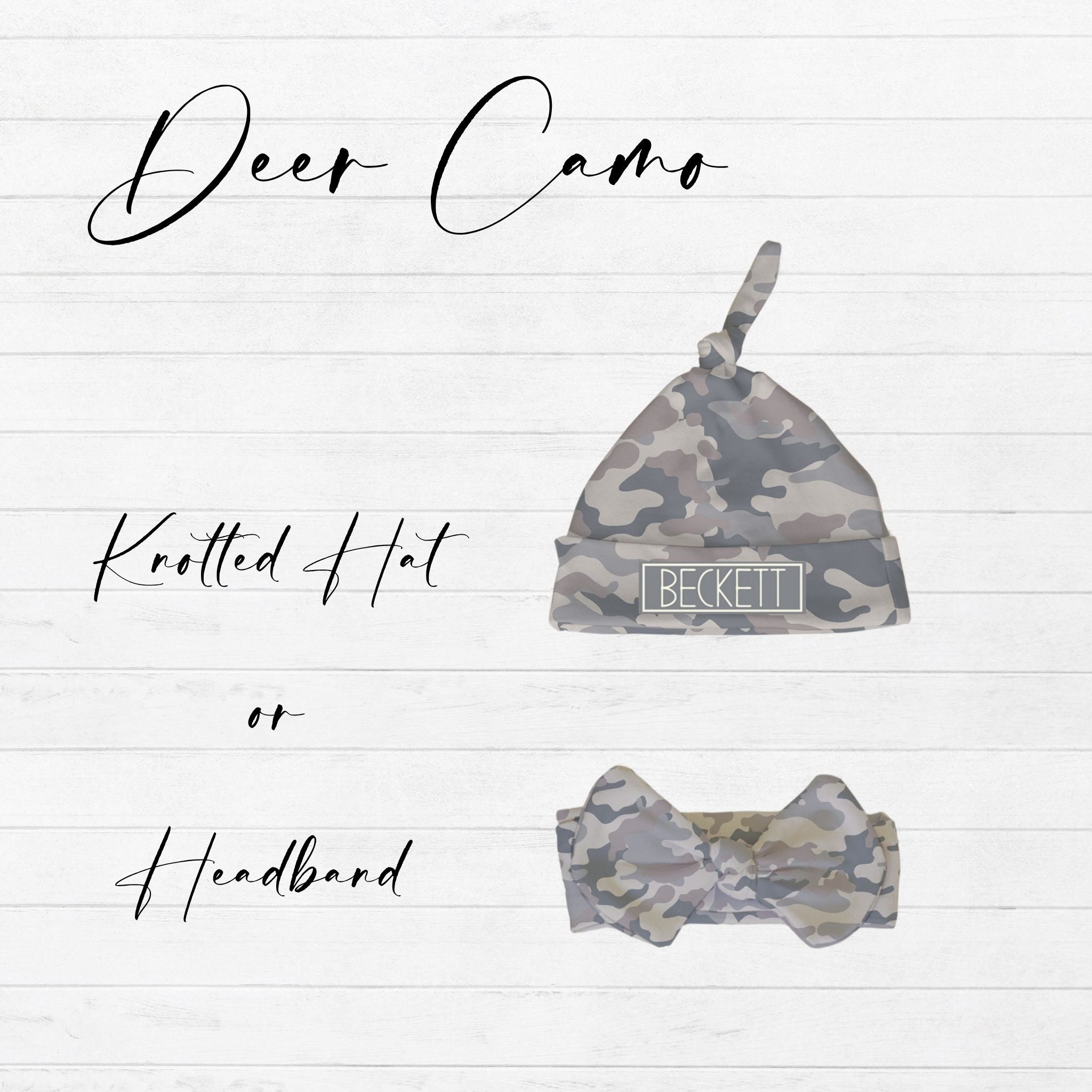 Deer camo swaddle matching set showing knotted hat and bow headband variant options in gray camo print