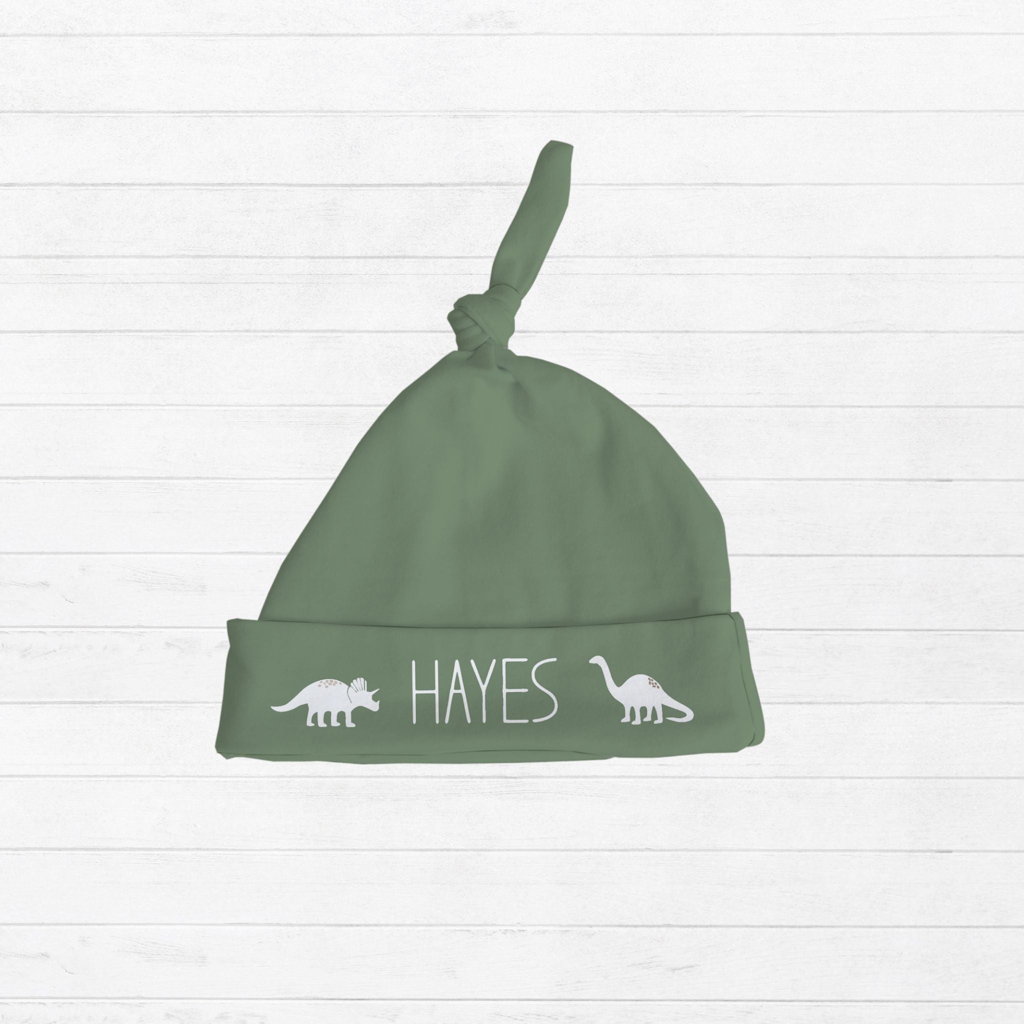 Personalized dinosaur knotted hat with custom baby name newborn hospital hat