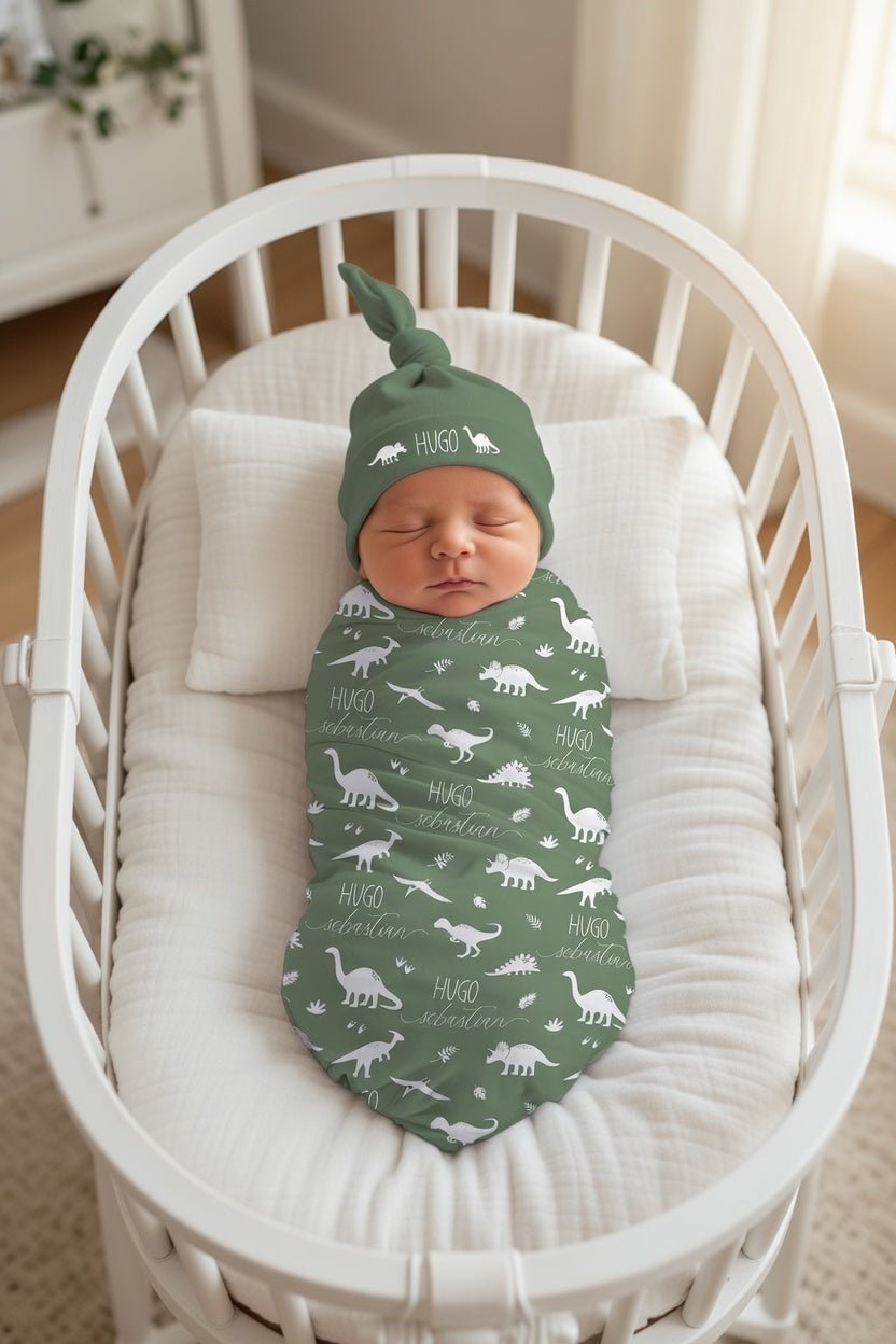 Dinosaur Baby Newborn baby wrapped in personalized sage green dinosaur swaddle with custom name and matching hat