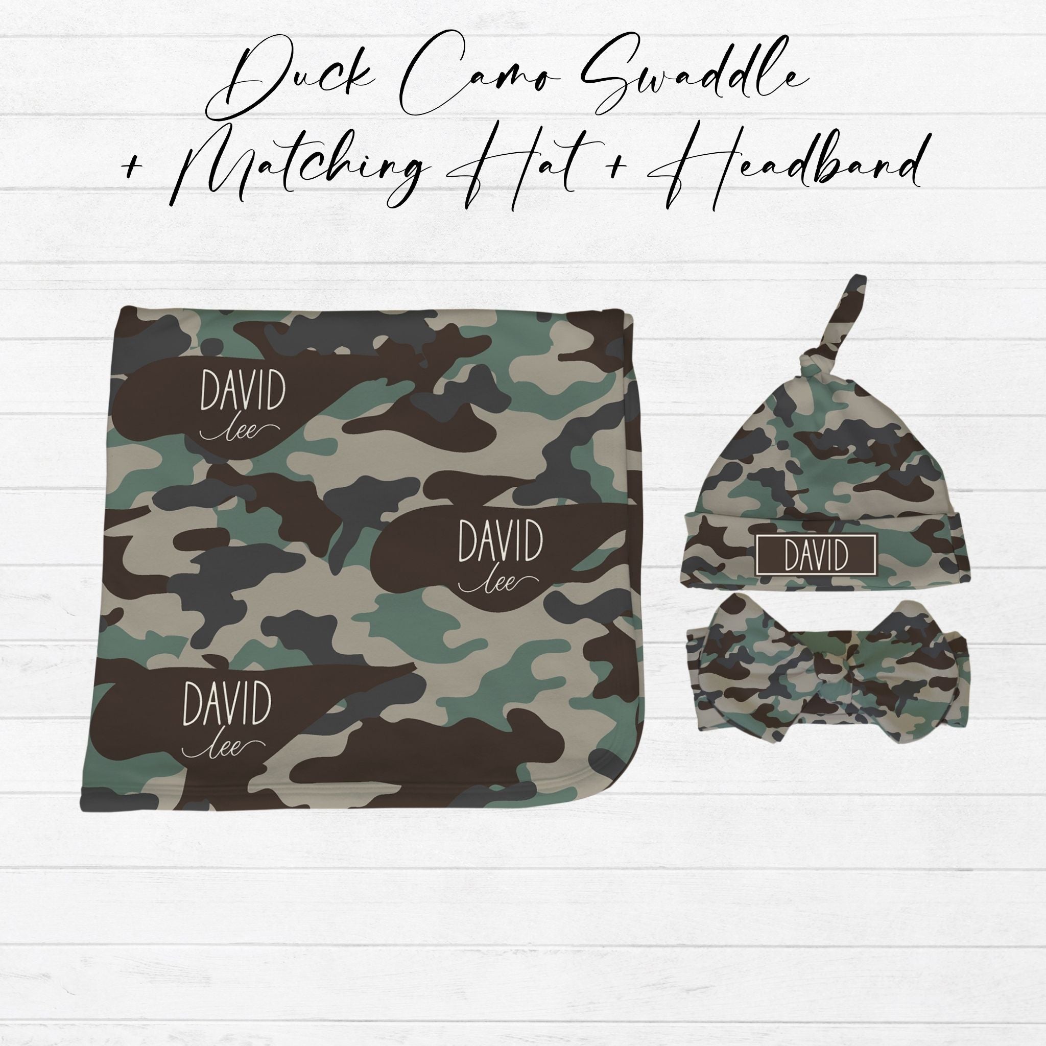 Personalized Duck Camo Swaddle, Knotted Hat and Bow Headband Set