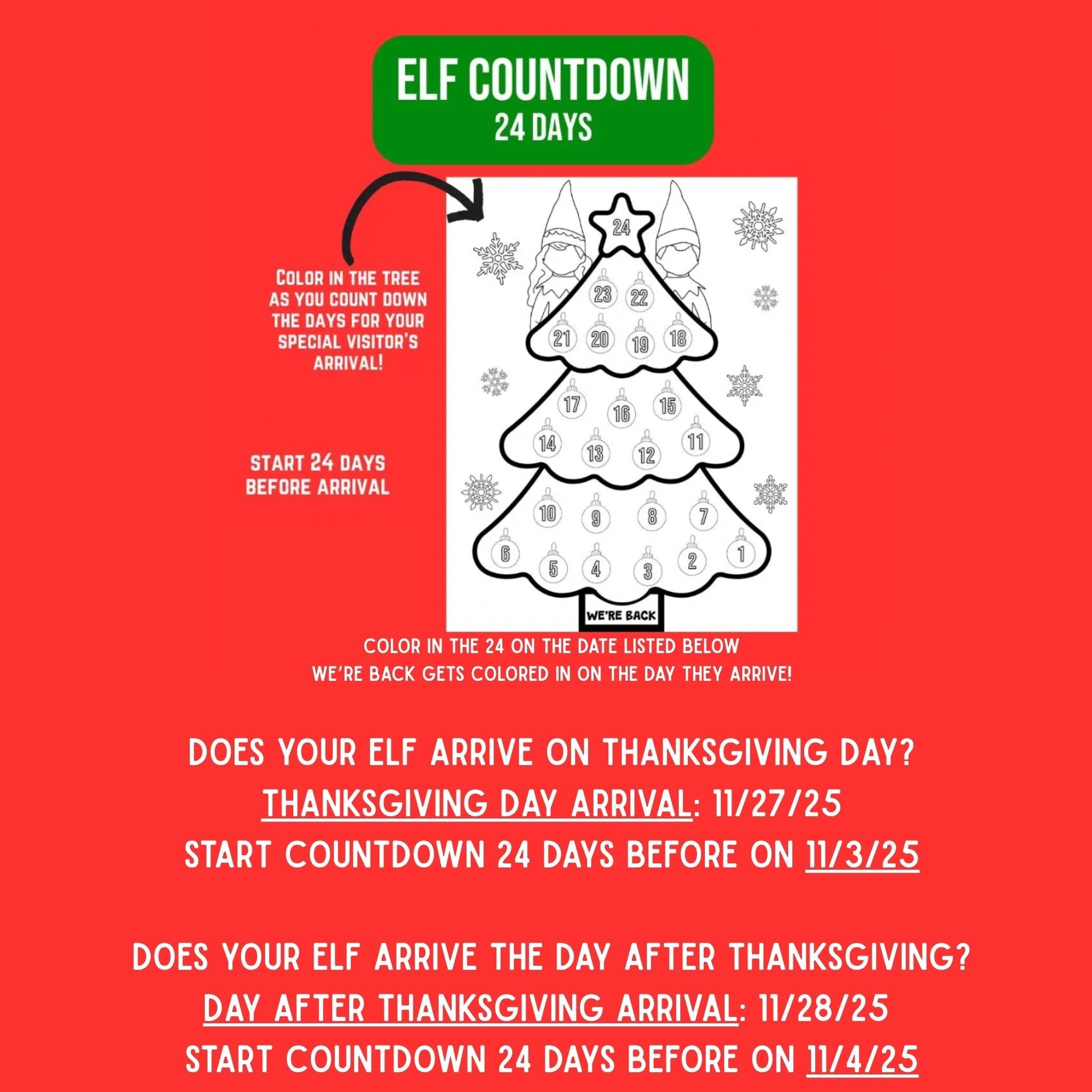 Elf Return Countdown Calendar: Christmas Coloring Page (Digital Download) - Twinklette™