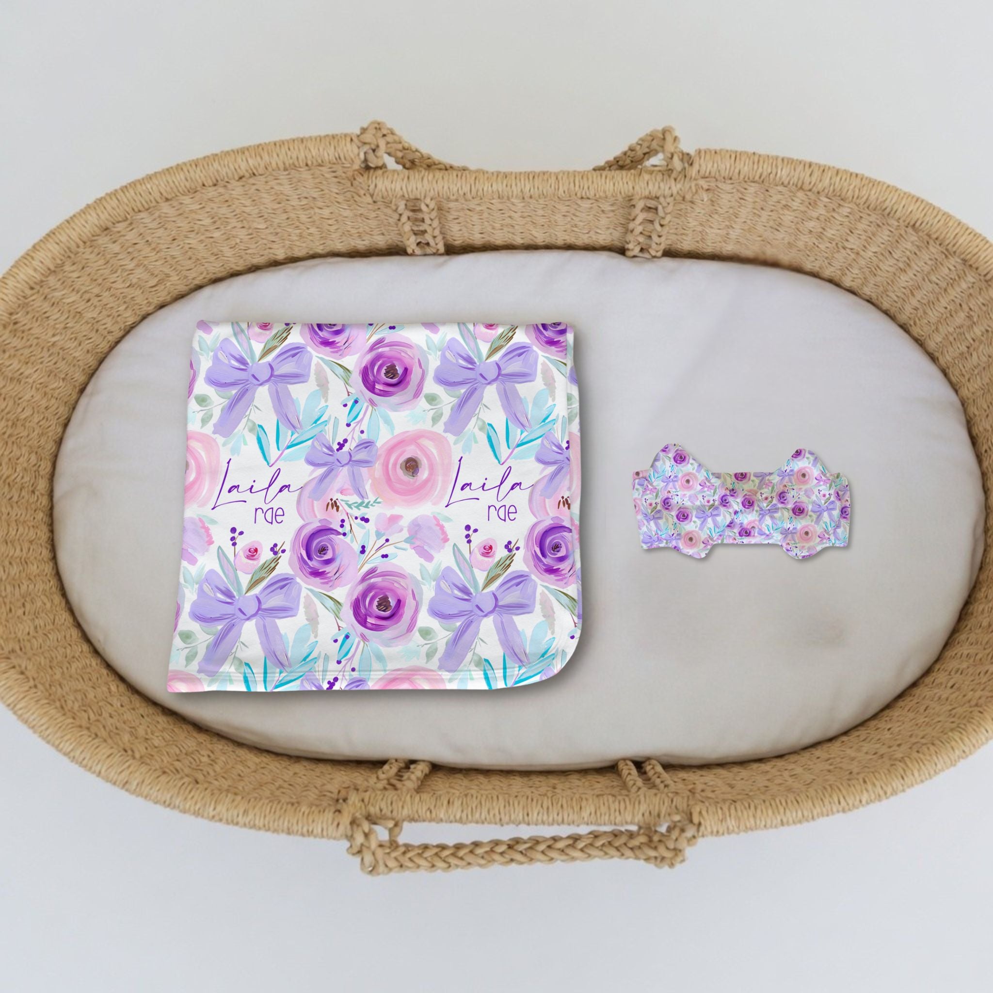 Personalized Purple Floral Swaddle & Headband Set