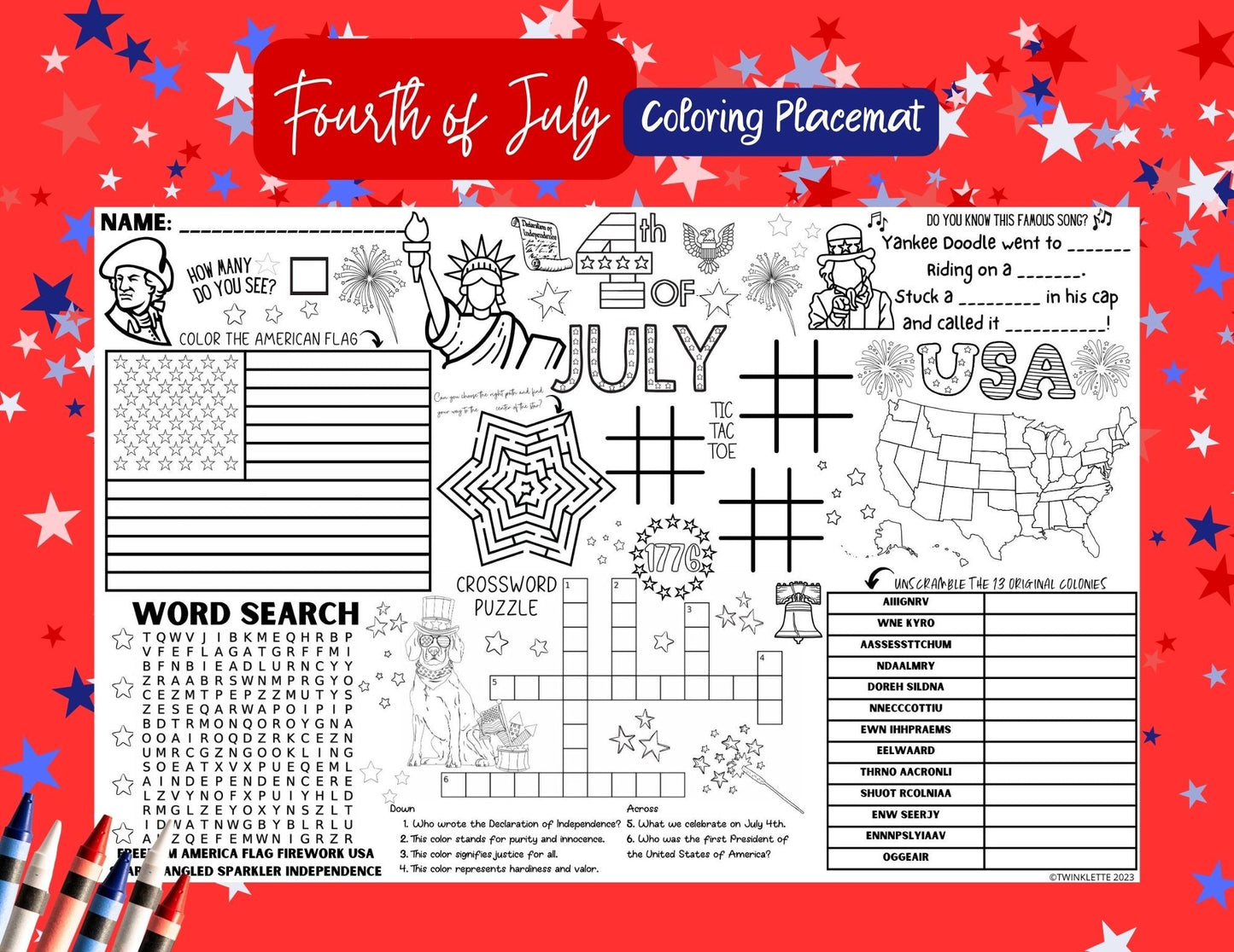 Fourth of July Coloring Placemat (TABLOID size) - Twinklette