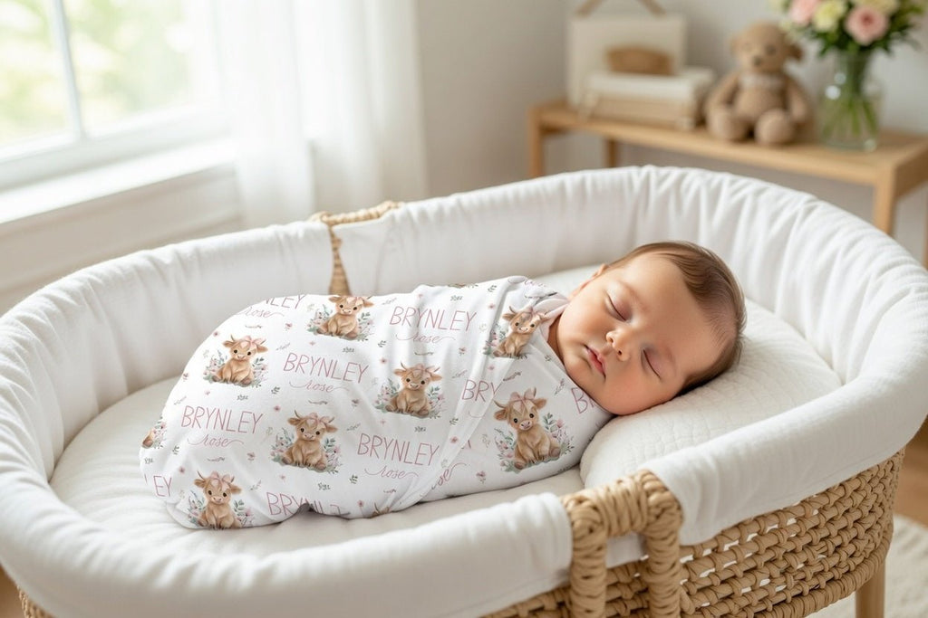 Custom name highland cow pink baby swaddle on newborn baby girl, personalized baby shower gift