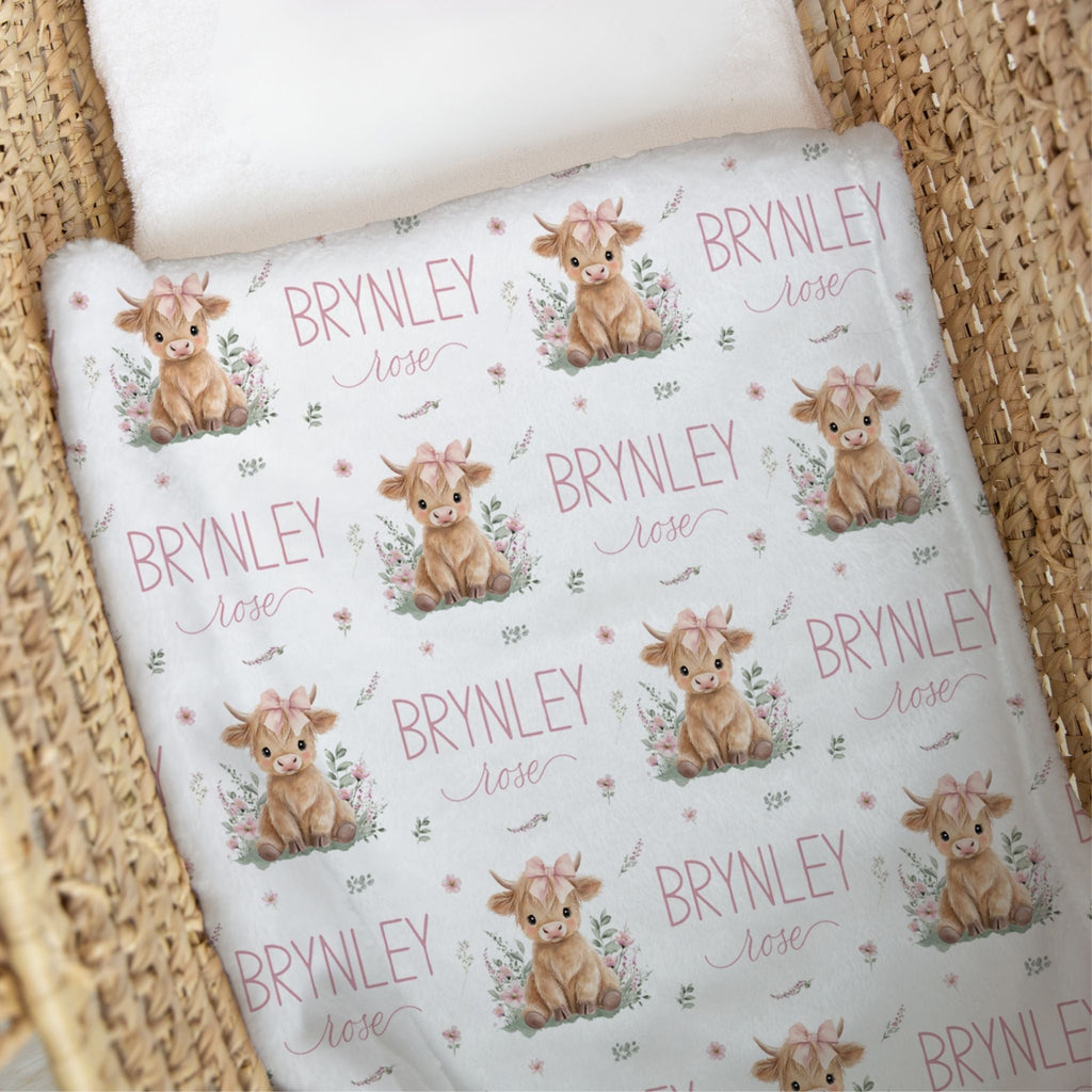 Personalized highland cow pink baby swaddle with custom name, baby girl newborn gift with floral design