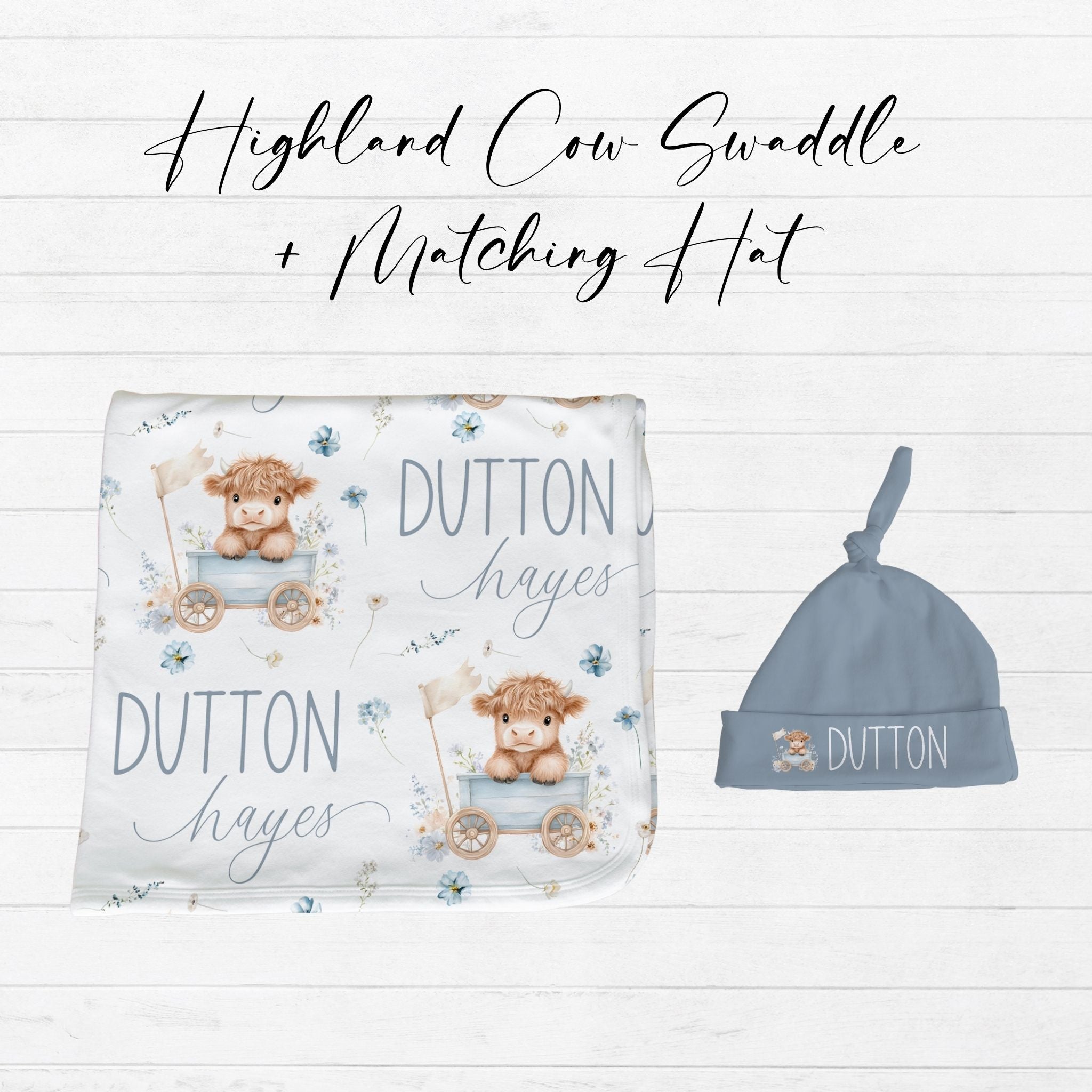 Custom name Highland cow swaddle and hat