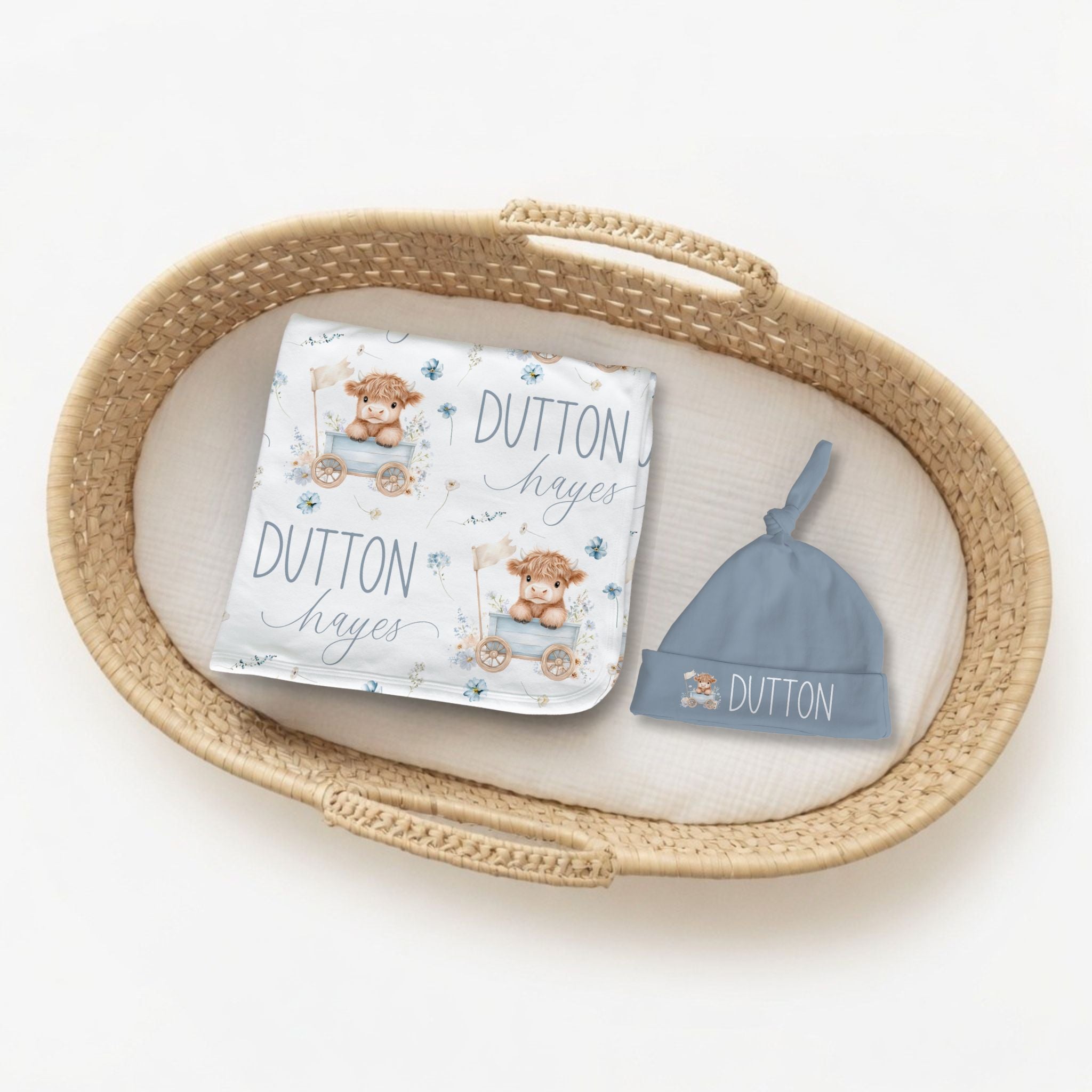 Personalized Highland Cow Blue Swaddle & Hat Set