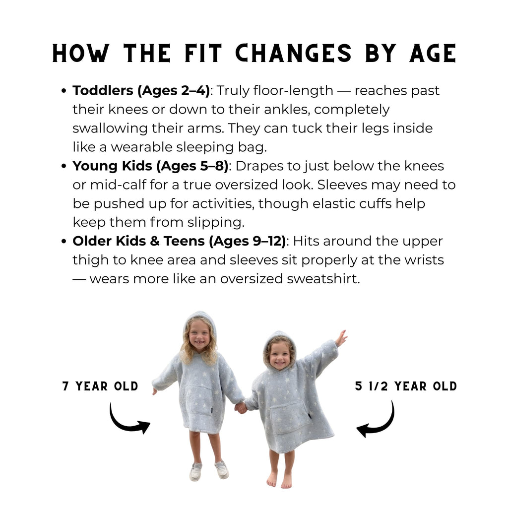 Two children wearing glow in the dark sherpa oversized hoodie on a dock showing fit at age 7 and age 5 and a half from Twinklette