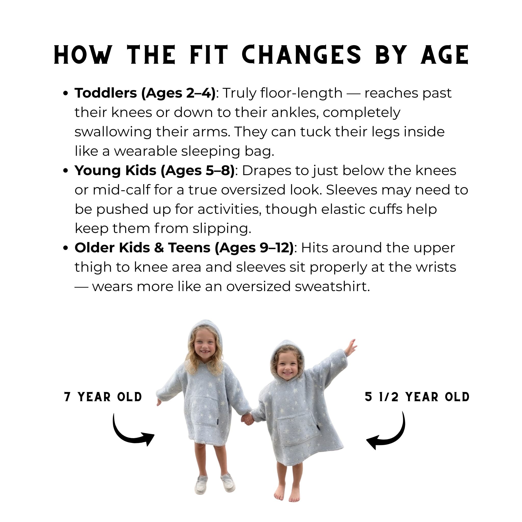 Two children wearing glow in the dark sherpa oversized hoodie on a dock showing fit at age 7 and age 5 and a half from Twinklette