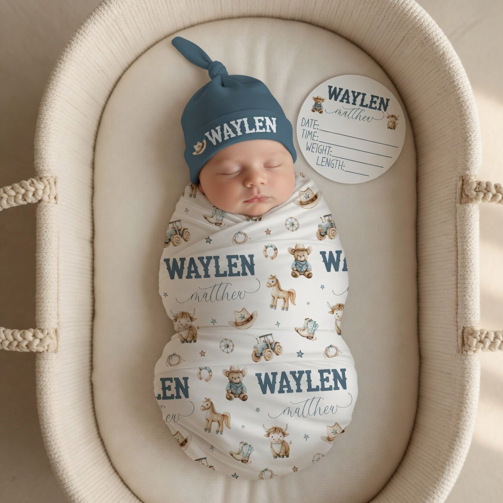 Custom cowboy baby swaddle set including knotted hat and birth stat sign