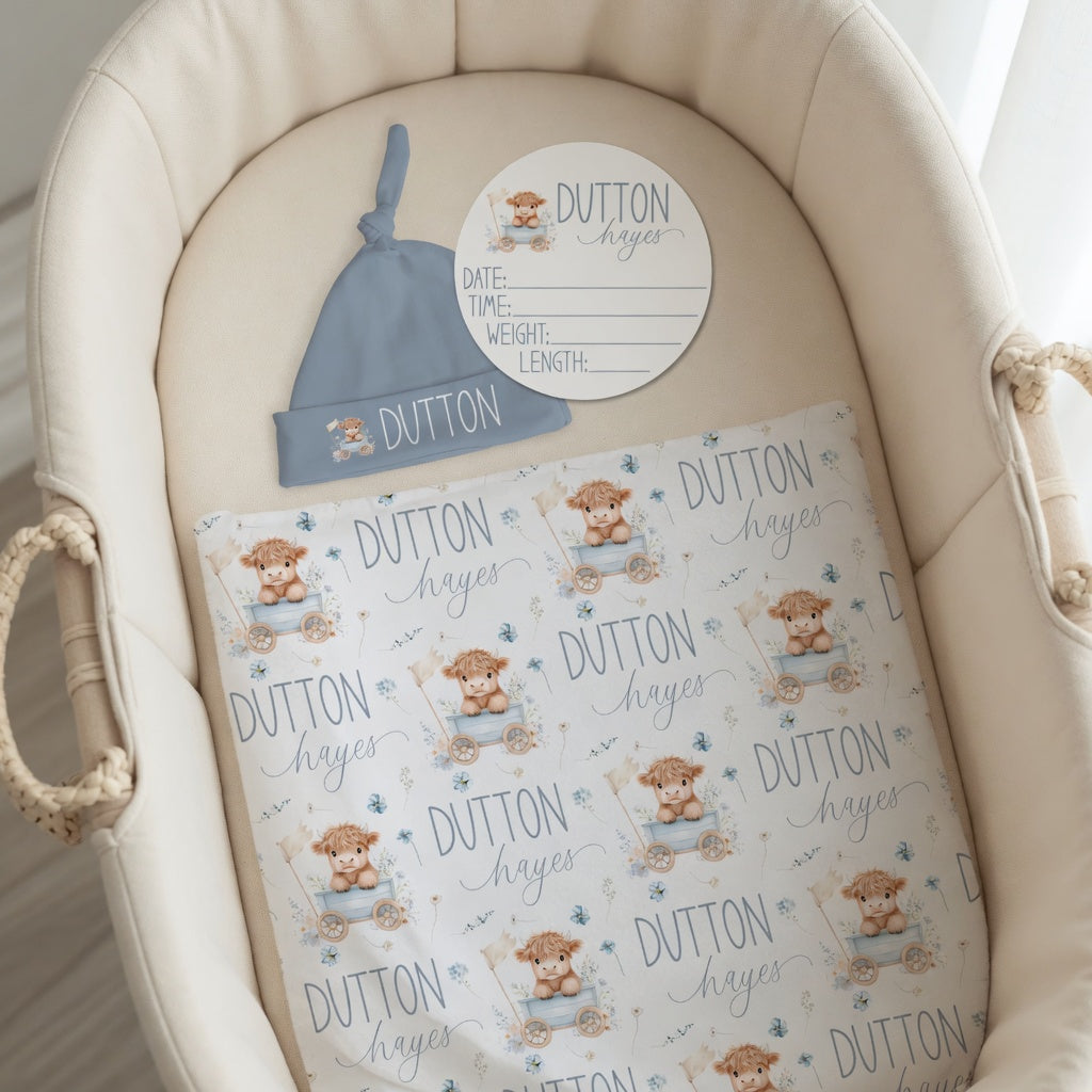 Personalized Highland Cow Blue Baby Bundle with swaddle, knotted hat and birth stat sign