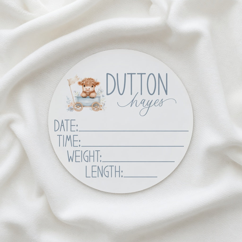 Personalized Highland Cow birth stat sign with baby name date time weight and length fields