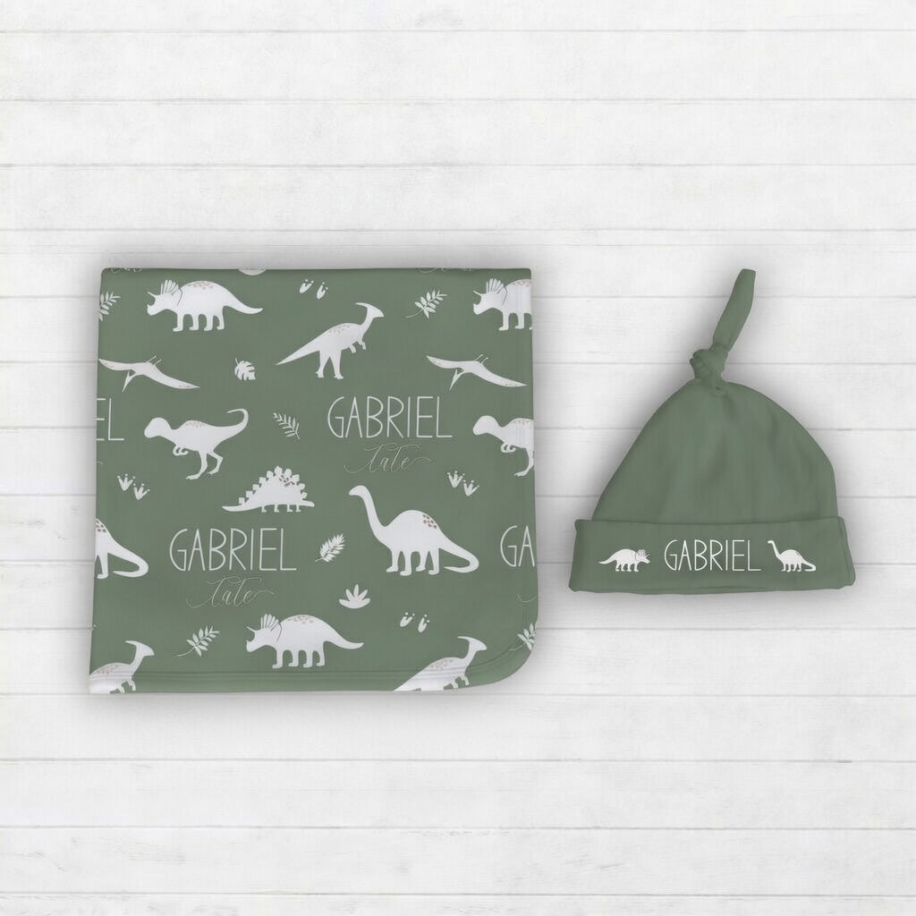 personalized dinosaur swaddle and matching hat set