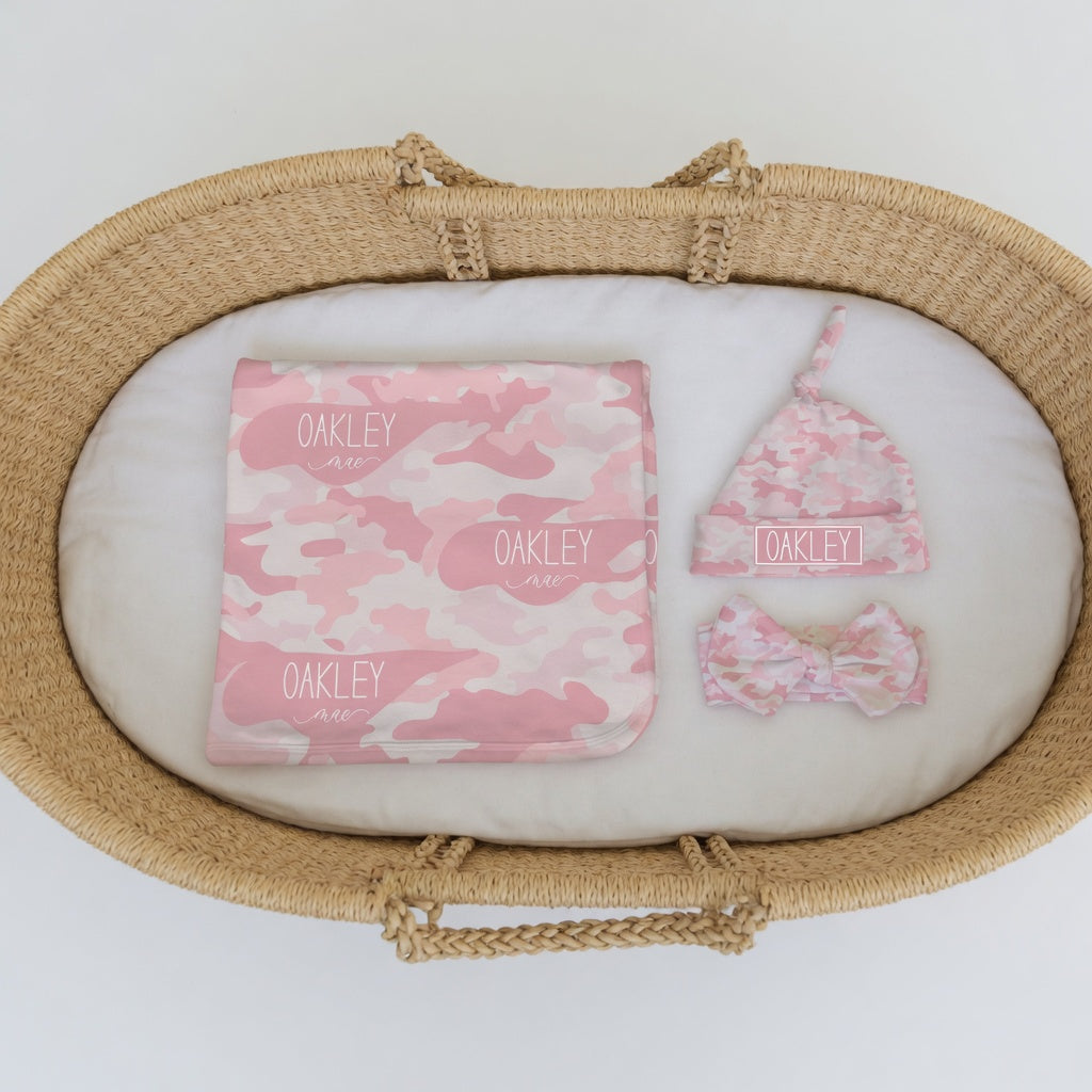 Personalized Pink Camo Swaddle & Hat Set