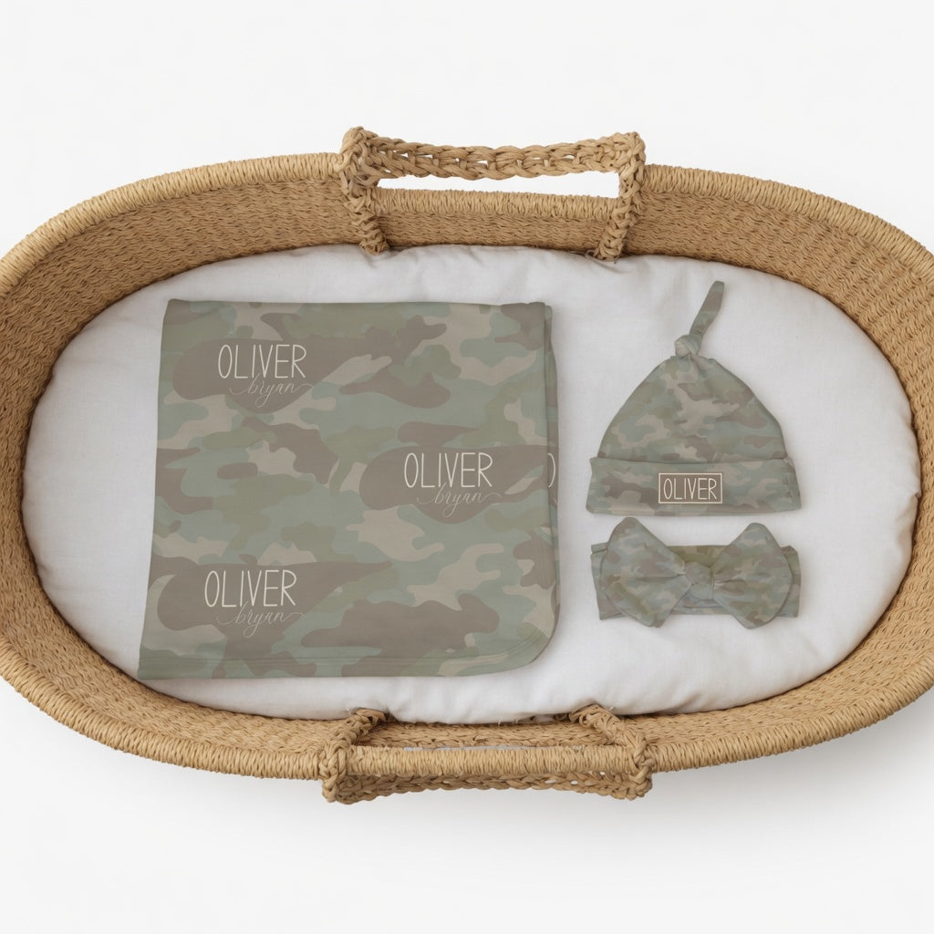 Personalized Soft Camo Baby Swaddle & Hat Set
