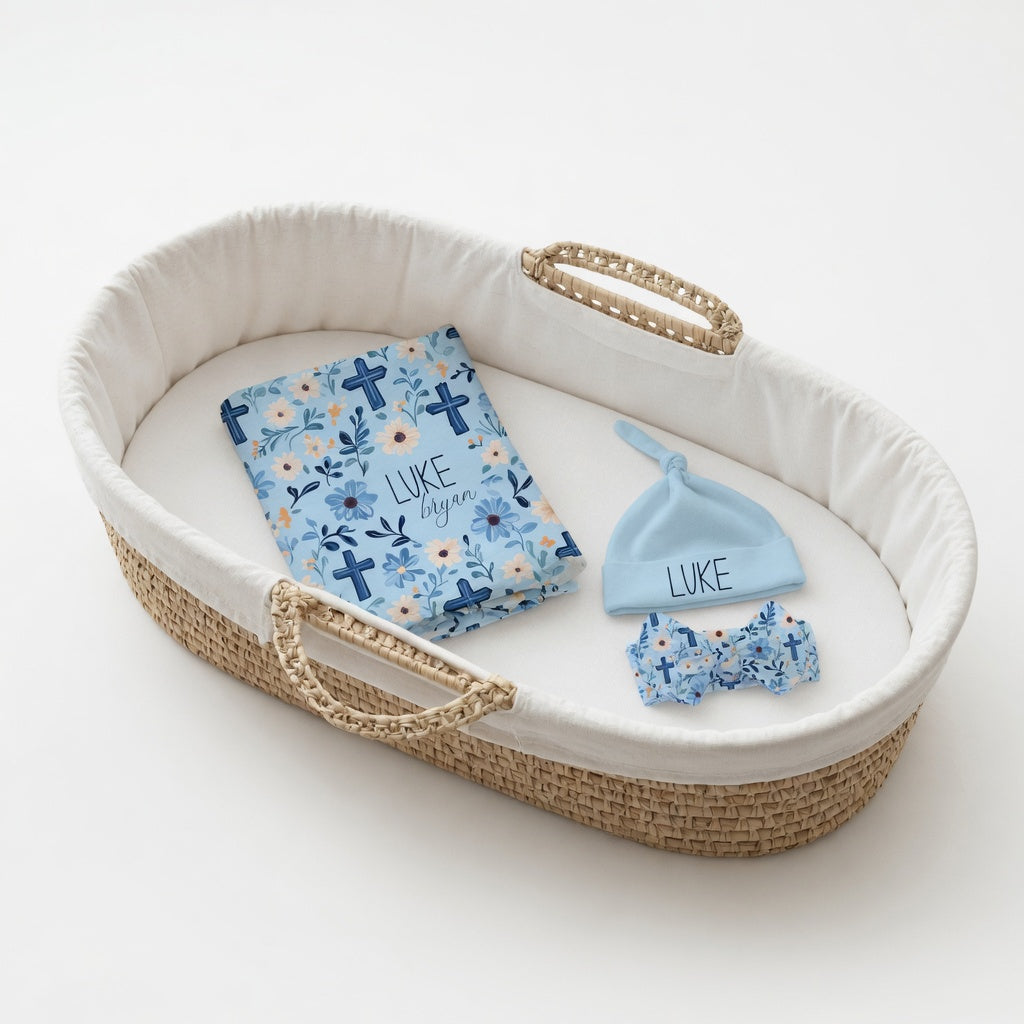 Personalized Blue Floral Faith Baby Matching Set