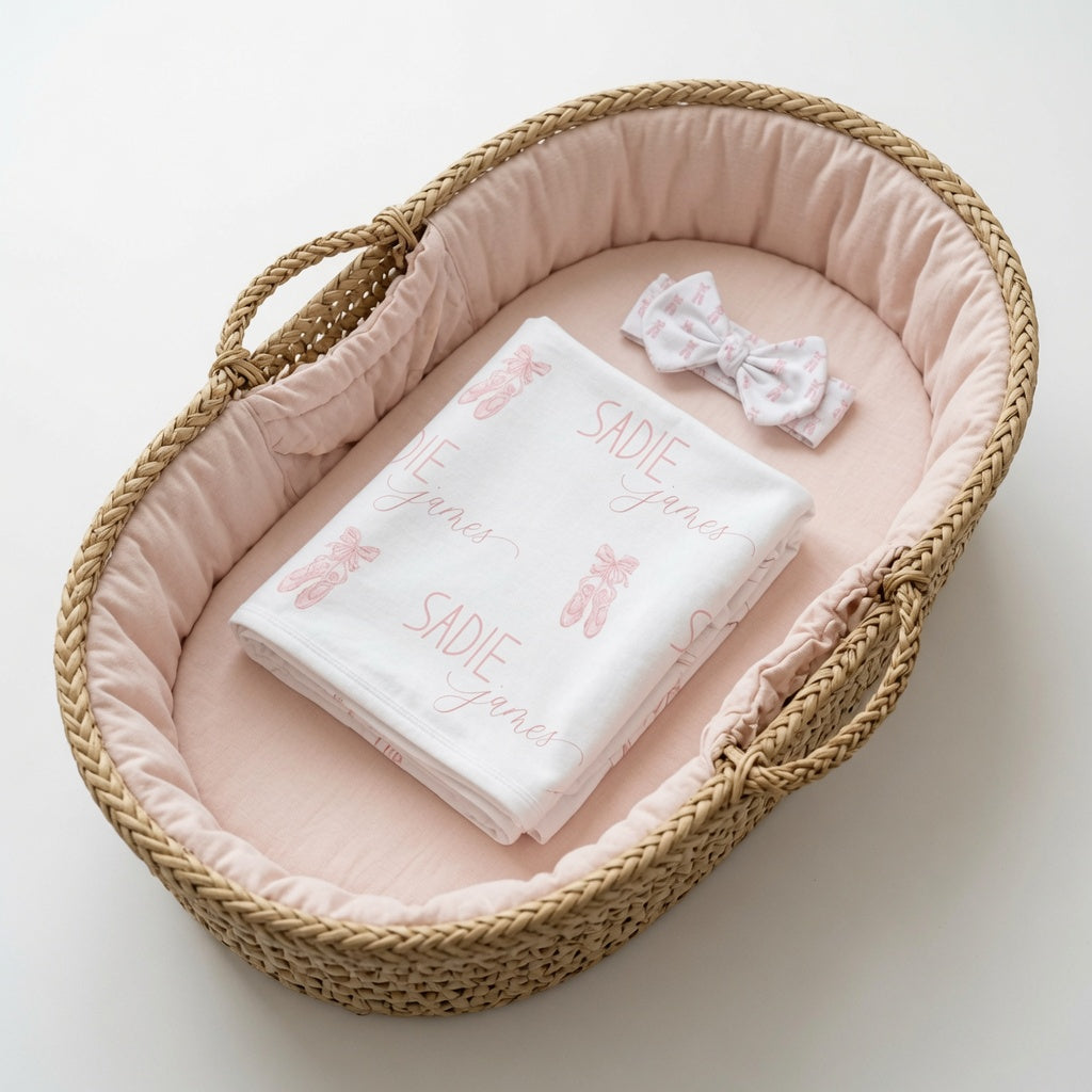 Personalized ballet swaddle and headband set with ballet shoes, customized with baby's name