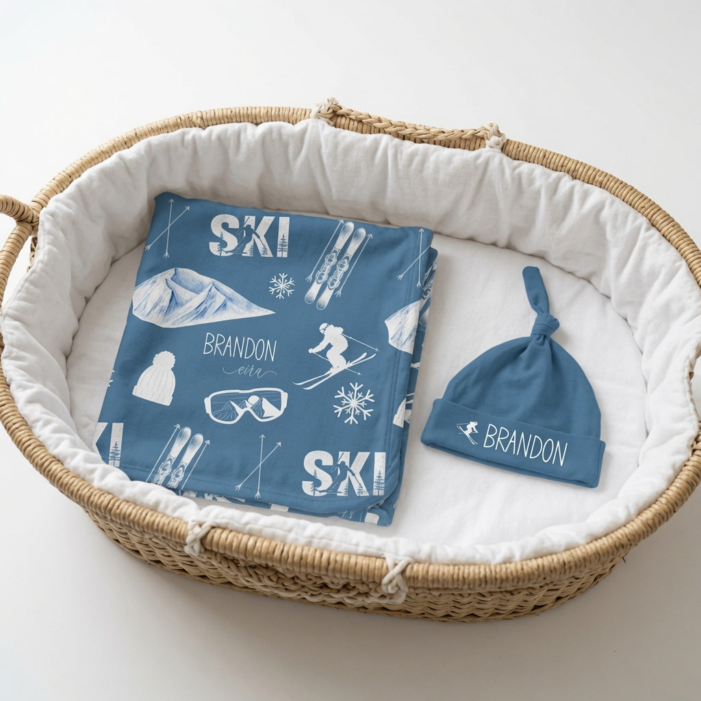Personalized Ski Baby Matching Set, Swaddle and Knotted Hat