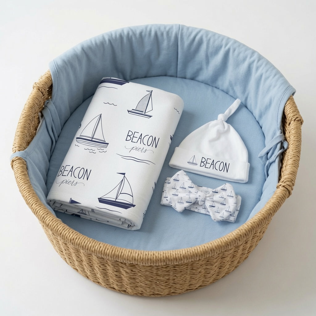 Personalized sailboat baby matching set with custom name swaddle, knotted hat, and bow headband in moses basket