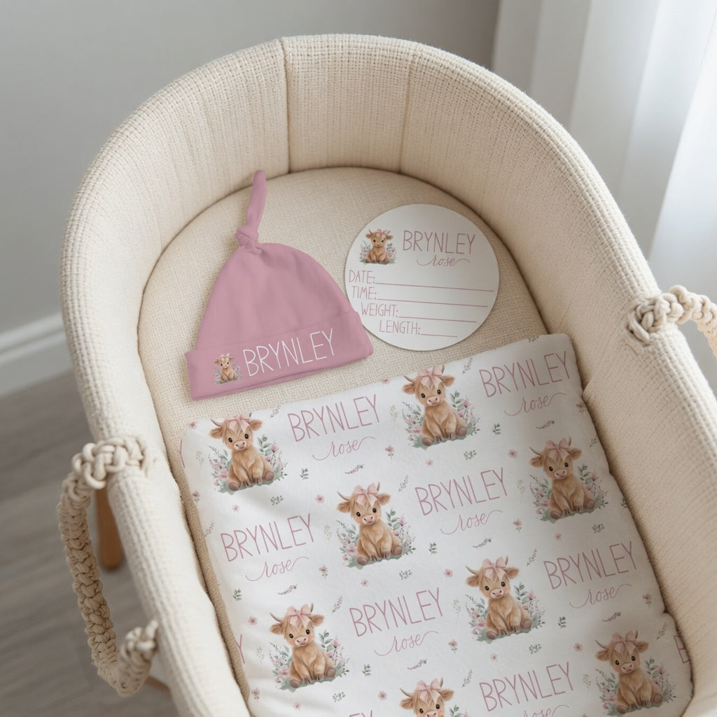  Personalized Highland Cow Pink Baby Bundle with swaddle, knotted hat and birth stat sign