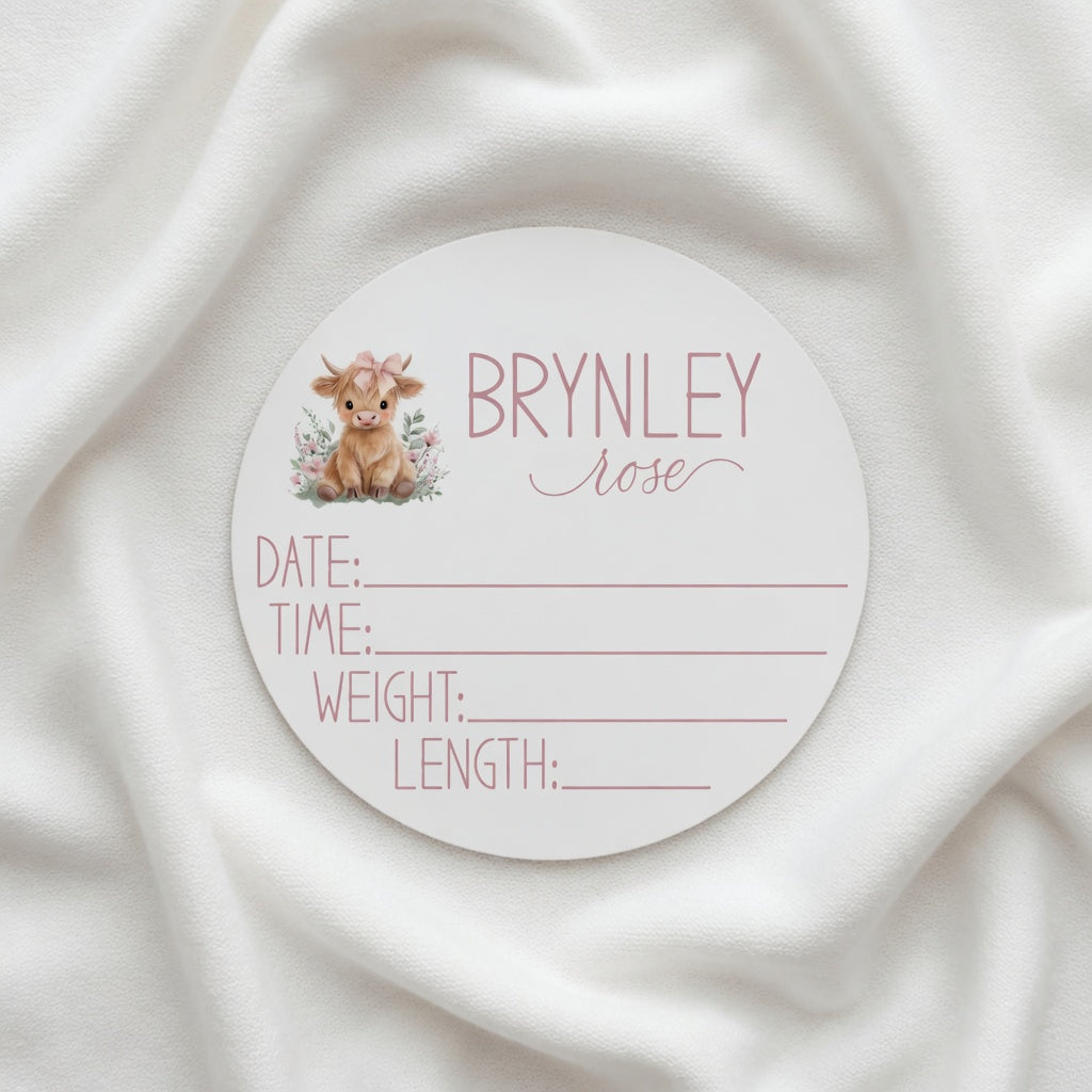 Personalized Highland Cow birth stat sign with baby name date time weight and length fields